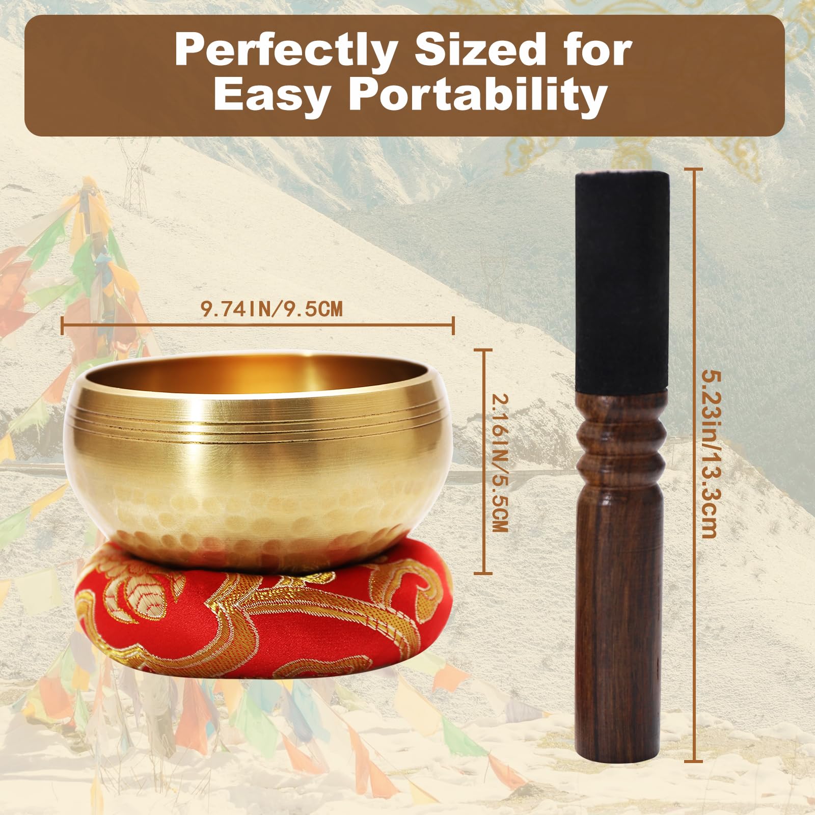 Campana Tibetana Set – Fatto a Mano in Ottone – con Bastoncino in Legno Cuscino e Sacchetto – Ideale per Meditazione Yoga Guarigione dei Chakra Regalo Zen (9.5cm)