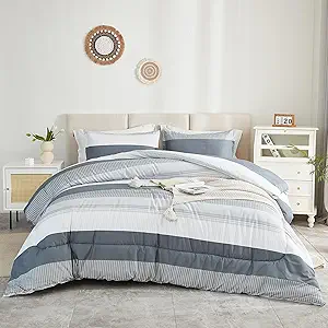 Litanika Twin/Twin XL Comforter Set Dorm Bedding Grey, 2 Pieces Twin Extra Long Comforter & Sets Light Gray White Colorblock Stripe, All Season Bed Set