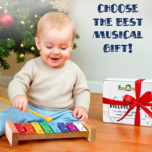 Miniatura 7 de MINIARTIS Xilófono para niños y niños pequeños | Xilófono de madera colorido de 8 notas con mazos y 15 canciones de música | Instrumento musical