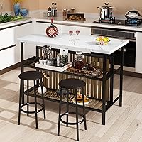Vista 3 de AWQM Kitchen Island with Seating & Storage Shelf, Faux Marble Island Table for Kitchen, Modern Bar Table and Chairs Set for 2,Dining Table Set for