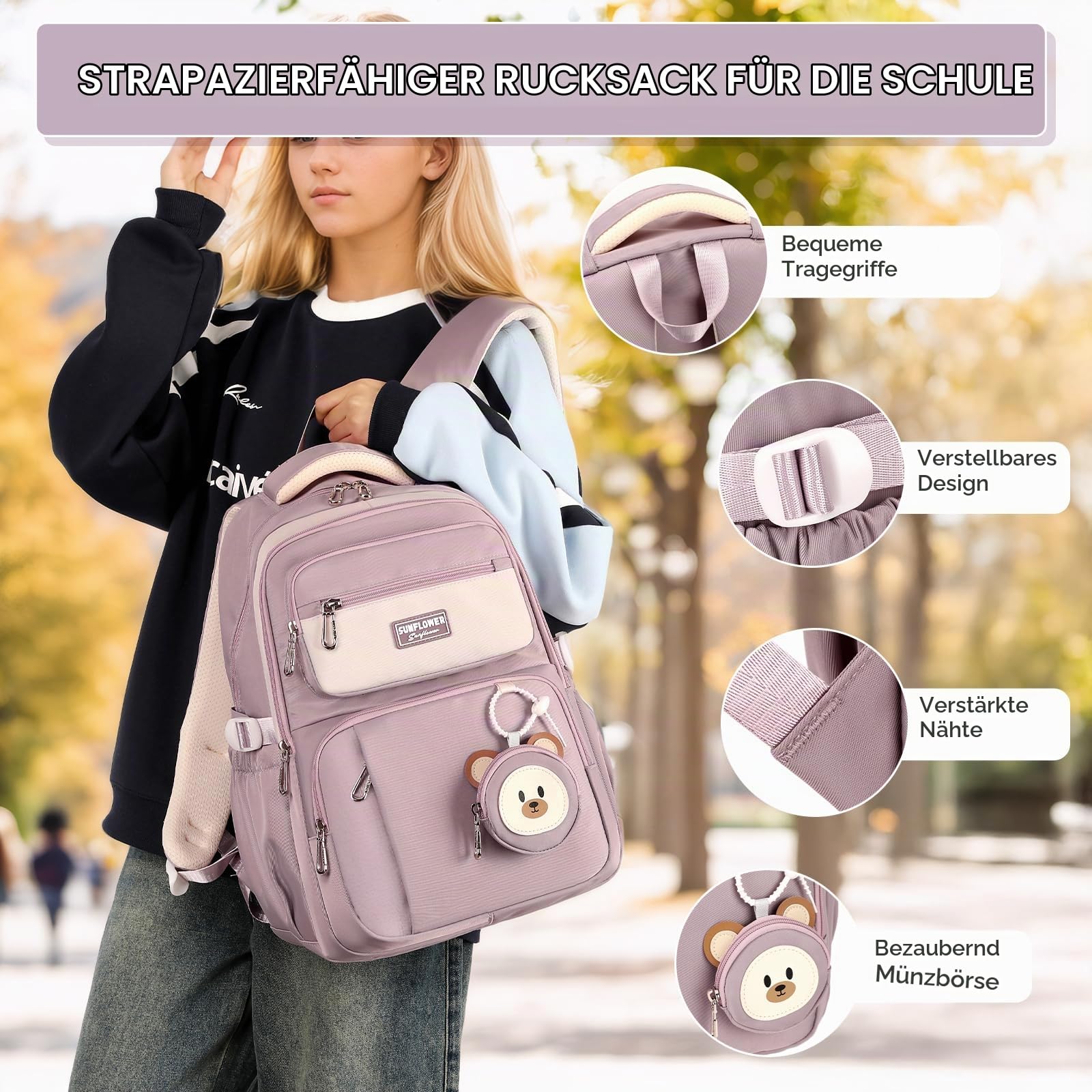 Amythe Schulrucksack Teenager Rucksack Mädchen, Schulranzen für 3.-5. Klasse, 40L Großer Kinderrucksack mit Niedlicher Münzgeldbeutel für 9-18 Jahre, Lässiger Daypack mit Trolleyband -Lila