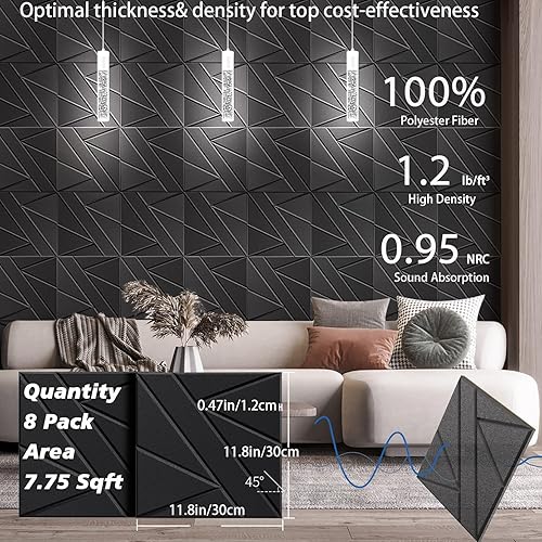Miniatura 6 de Paquete de 8 paneles acústicos autoadhesivos de espuma negra, 12 x 12 x 0.47 pulgadas, alta densidad (1.2 lbpie), ideales para insonorizar paredes