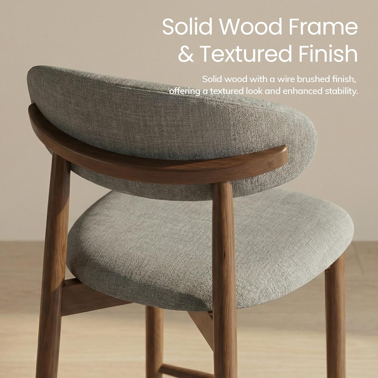 COLAMY Counter Height Bar Stools Set of 2, Ergonomic Full Back & Wide Upholstered Fabric Kitchen Island Chairs, Mid Century Modern Solid Wood Barstools with Footrest for Home Bar, Grey