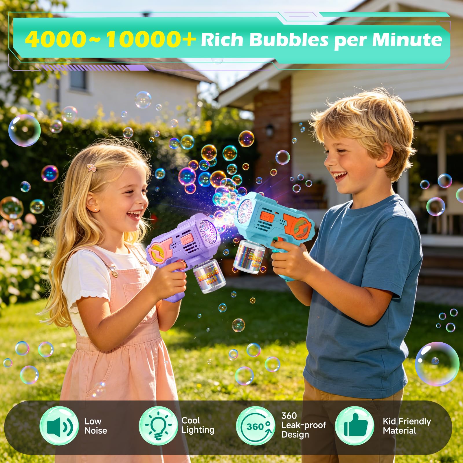 Set da 2 Pistole a Bolle per Bambini, Pistola a Bolle Automatica con Luci LED e 20 Bustine di Concentrato (10 ml), Macchina Bolle di Sapone Elettrica per Esterno, Compleanno e Feste