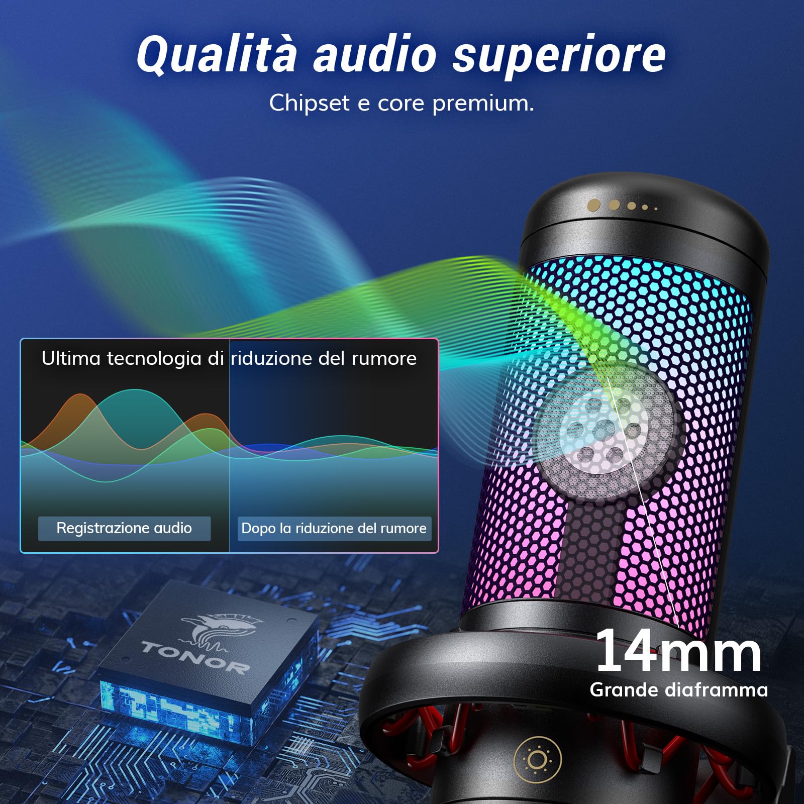 TONOR Gaming Microfono TC310+, USB Microfono a Condensatore Cardioide con RGB, Braccio Regolabile