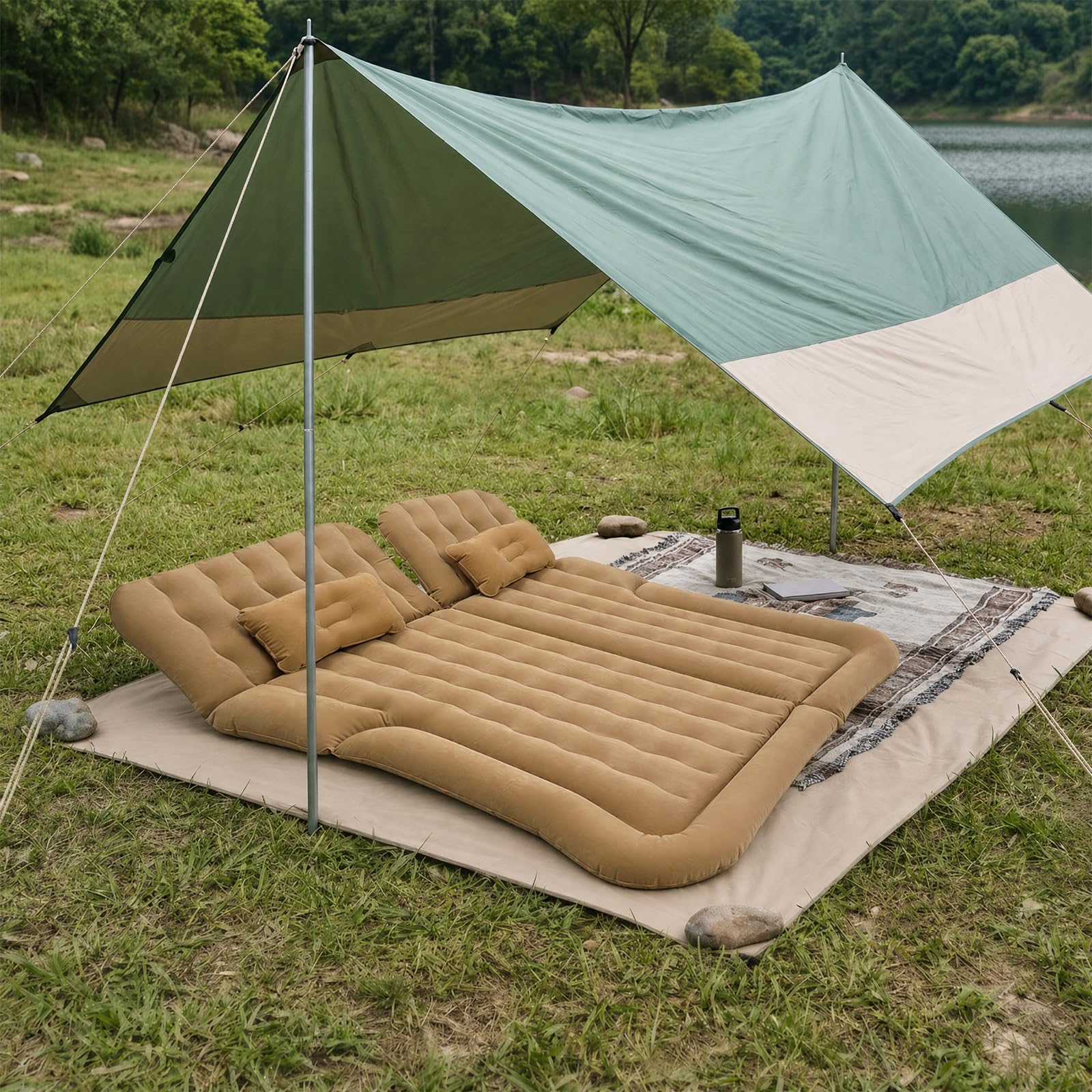 Matelas gonflable pour siège arrière de voiture, amovible, portable, matelas gonflable multifonction avec 2 coussins et pompe à air électrique (beige) pour camping, voyage, extérieur, SUV