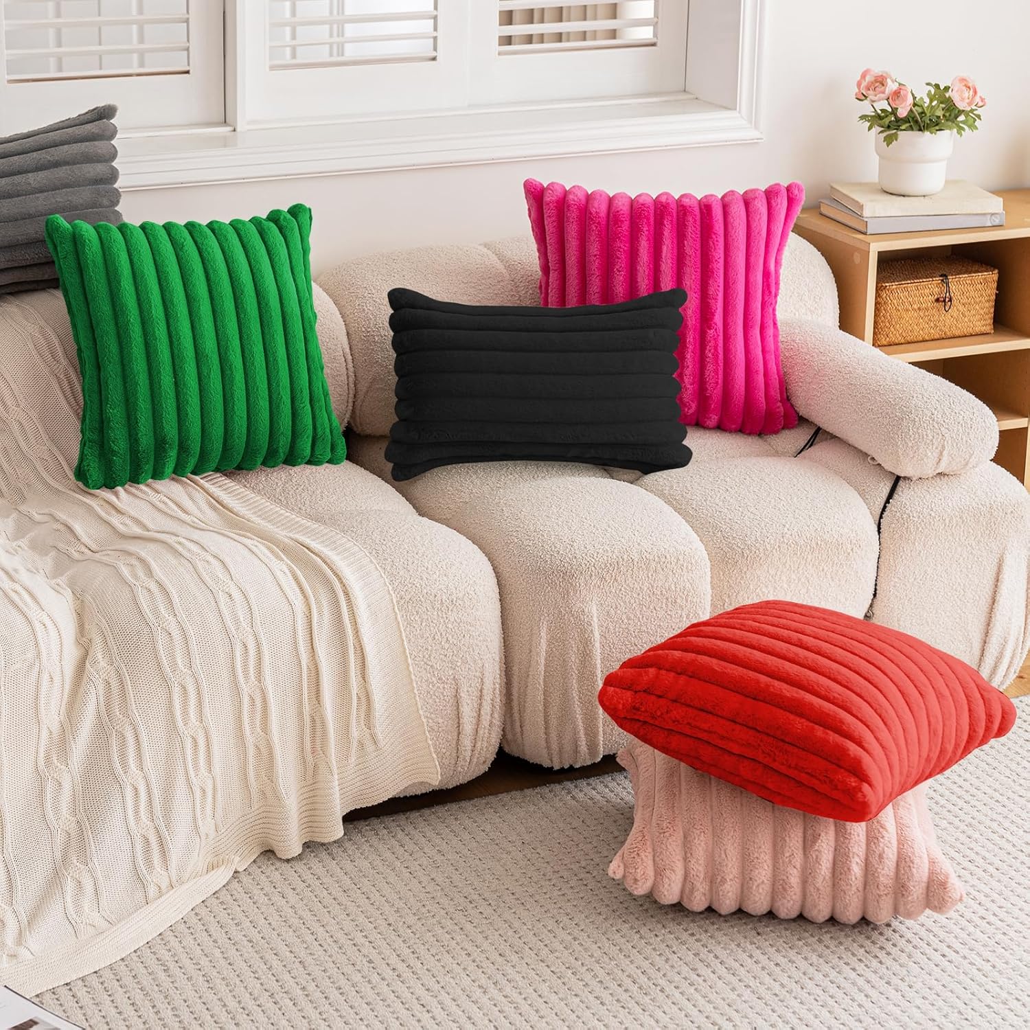 Christmas Dark Green Faux Fur Plush Throw Pillow Covers 18x18 Set of 2 Fuzzy Striped Soft Cozy Pillowcase Luxury Decorative Pillows Square Fluffy Cushion Covers for Couch Sofa Bed - Image 4