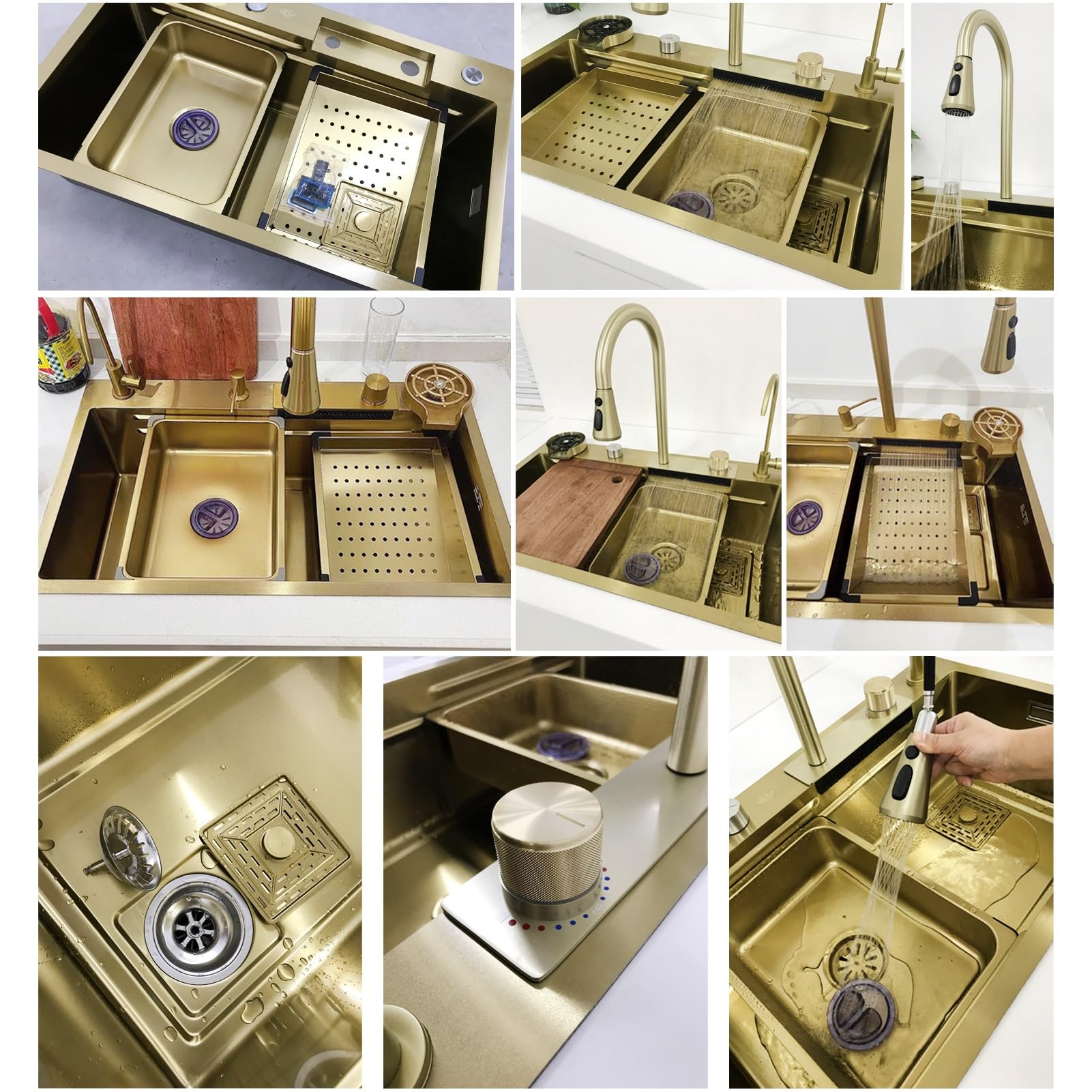Fregadero de cascada dorada, fregadero de cocina multifuncional 304 fregadero de acero inoxidable, fregadero con grifo multifuncional dorado y otros accesorios (Color : Gold, S : 75x45cm)