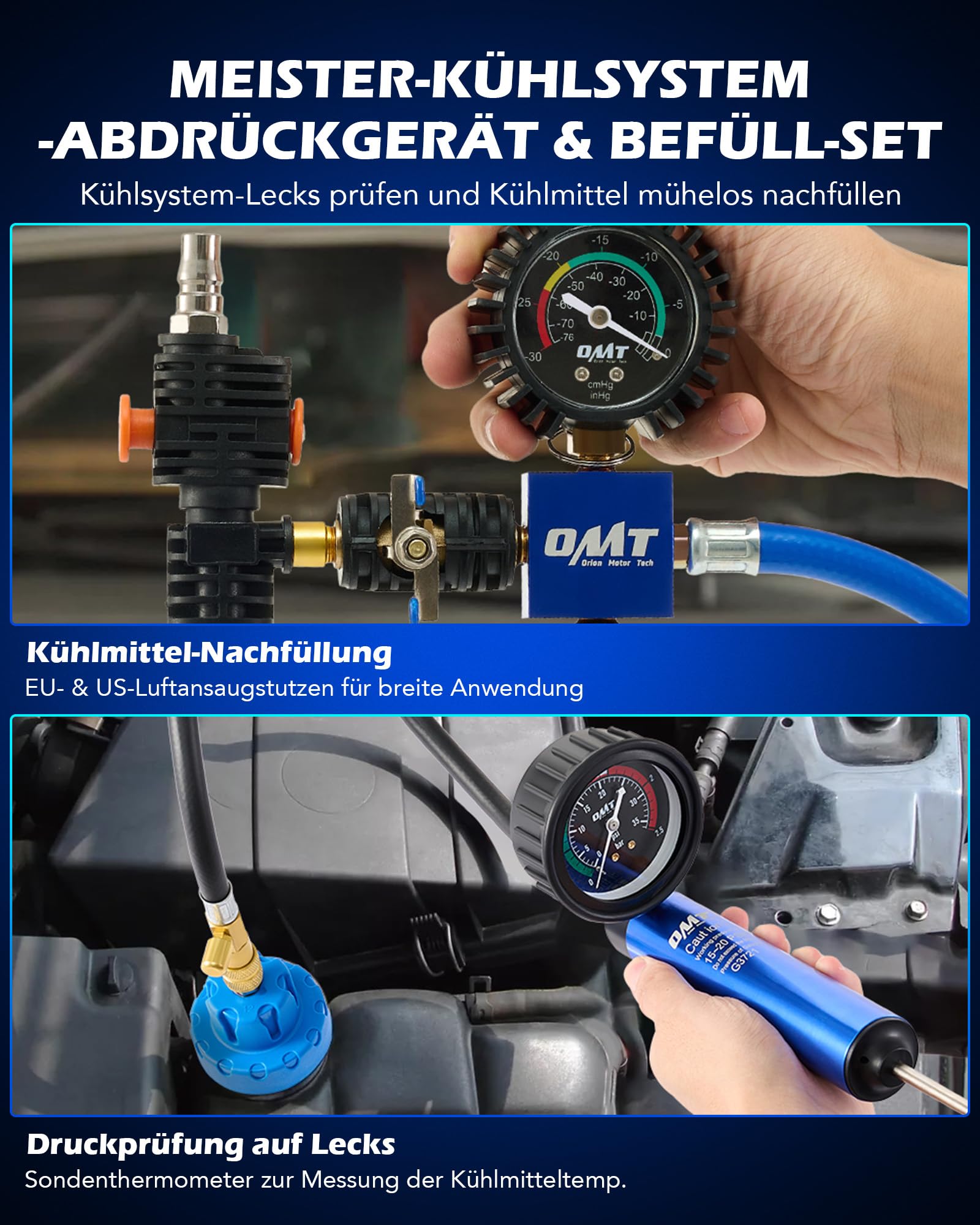 Orion Motor Tech Kühlsystem Abdrückgerät Set, 31-TLG. Master Kühlmittel Vakuum Befüllgerät mit 23 Kühler-Adaptern, Kühlsystem Entlüftungsgerät & Vakuum-Füllwerkzeug für PKW