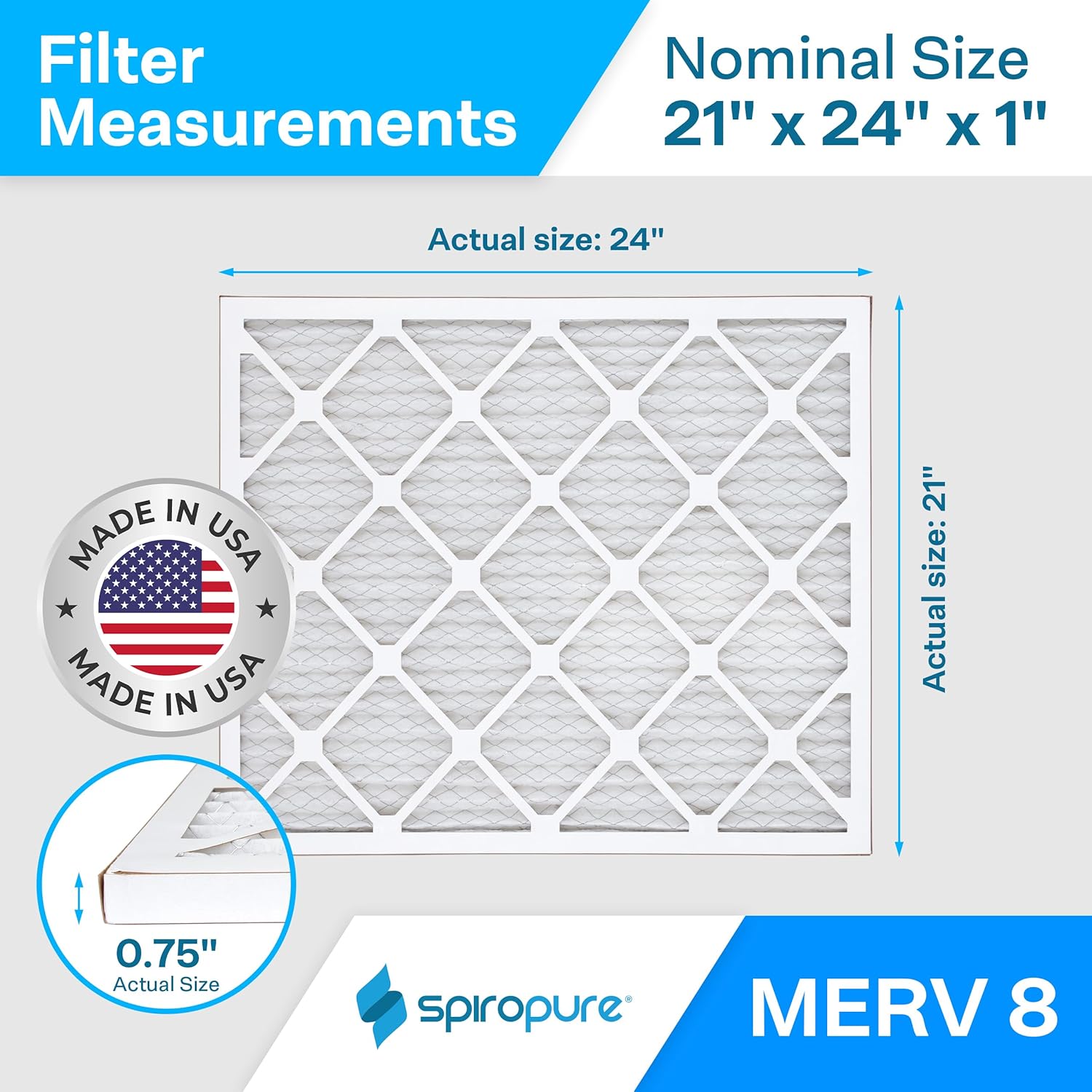 SpiroPure 21X24X1 MERV 8 Pleated Air Filters - Made in USA (6 Pack)