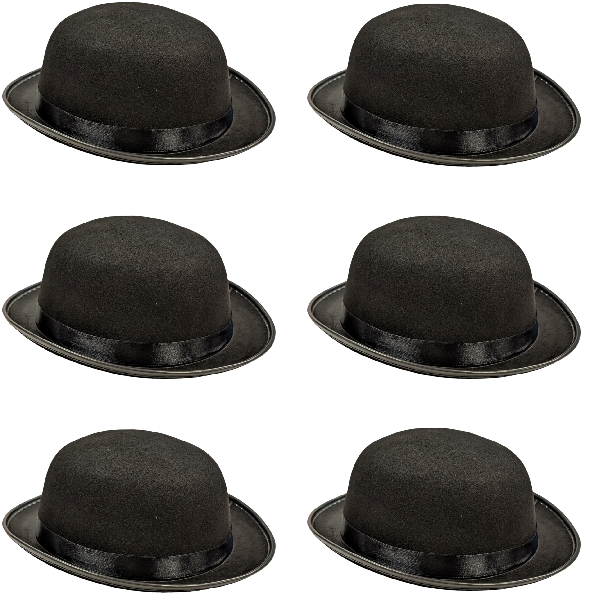 6 x Black Bowler Hats – Adults Fancy Dress Costume Accessories – Classic 1920s Hat for Men & Women – Soft Felt with Satin Band – Twenties, Dance, Victorian & Theatre Props – Unisex One Size Fits Most
