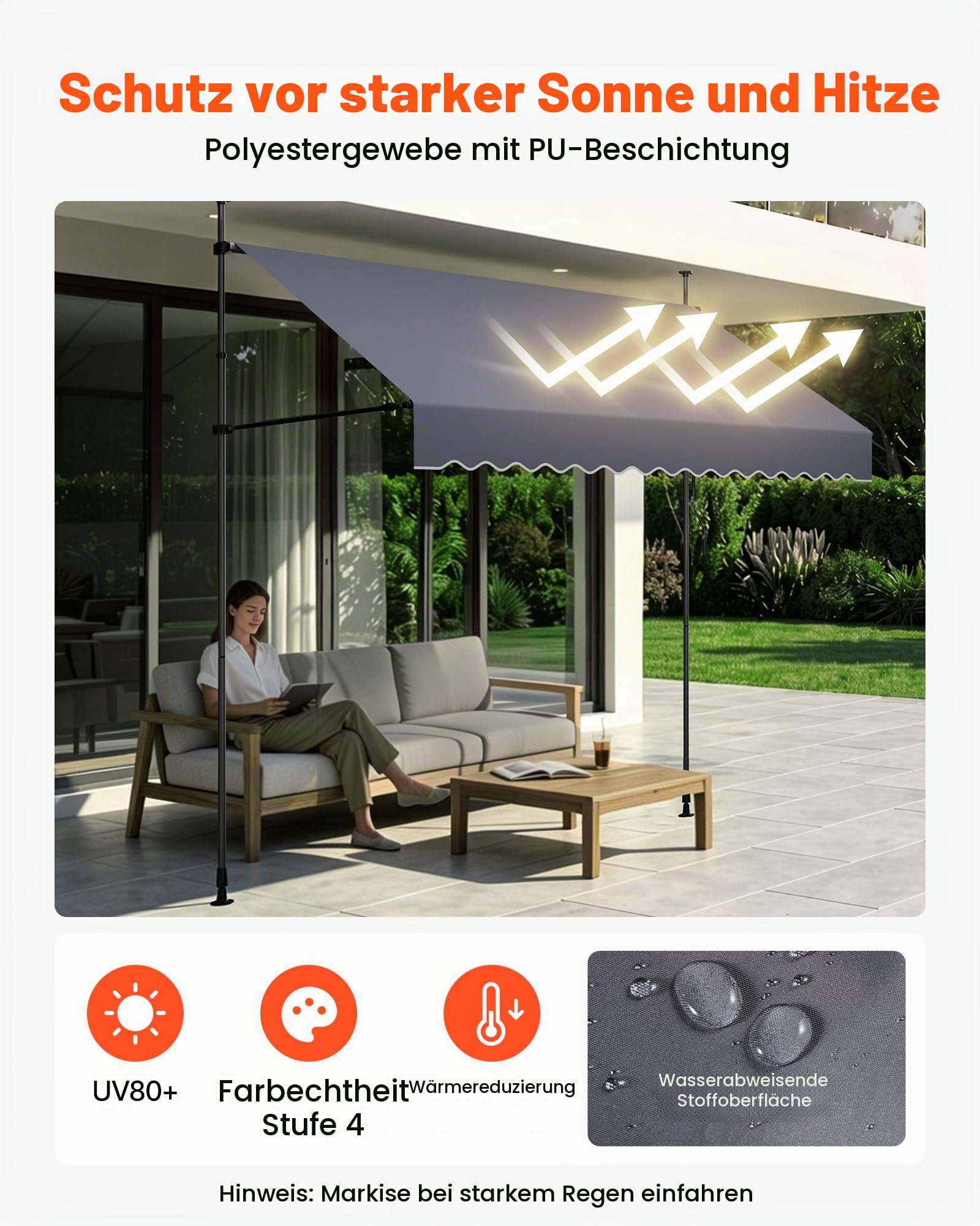 VEVOR Klemmmarkise 300 cm, Höhenverstellbare Markise mit Handkurbel, Terrassenmarkise UPF 80+ Sonnenschutz, Sonnenmarkise, Balkonmarkise, Ideal für Terrasse, Balkon & Garten, Dunkelgrau