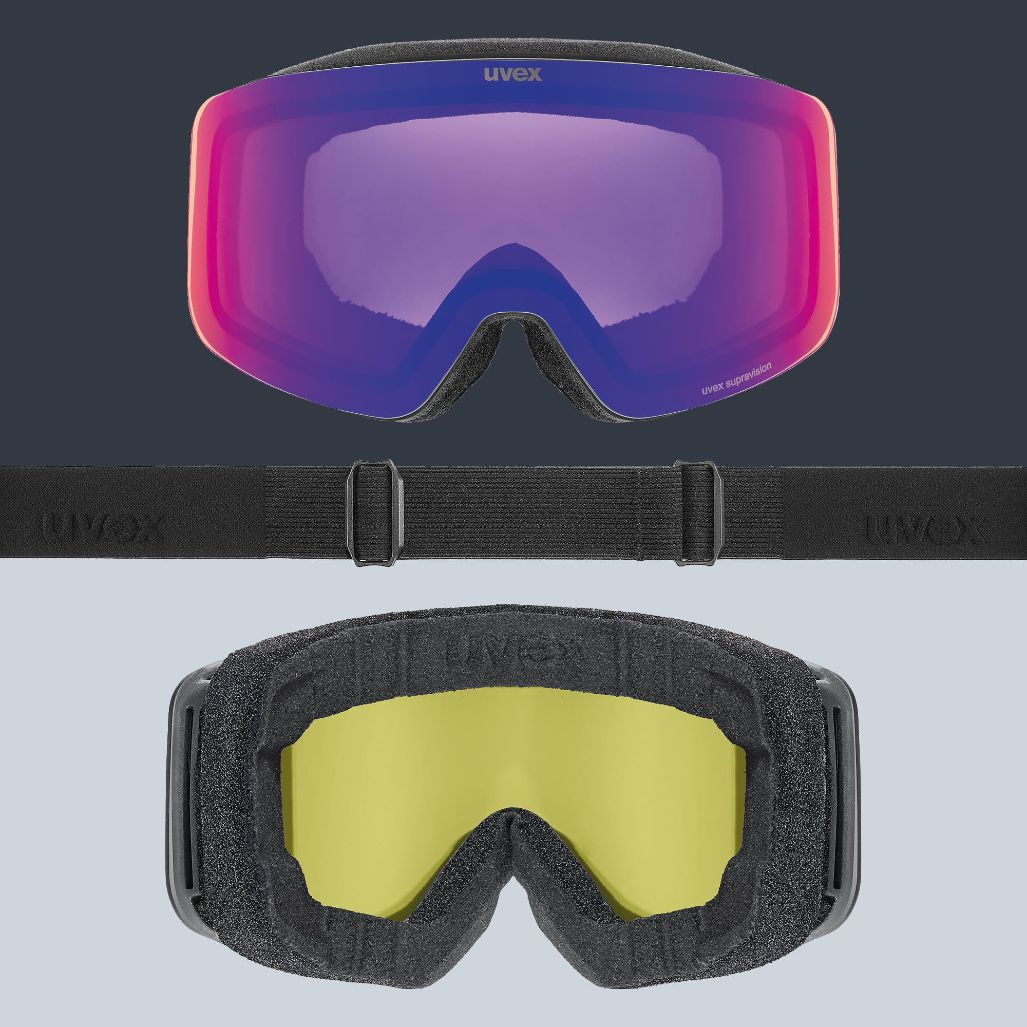 uvex pwdr FM - stylische, verspiegelte Skibrille mit weitem Sichtfeld und Anti-Fog-Beschichtung mit ausgewachsenen Features für Kinder - black matt/ruby-clear - one size