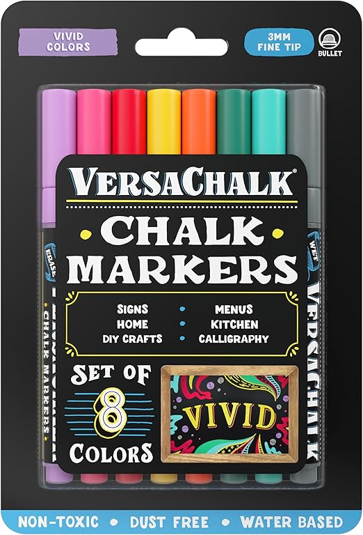 VersaChalk Vivid Liquid Chalk Markers, Set of 8-3mm Tip