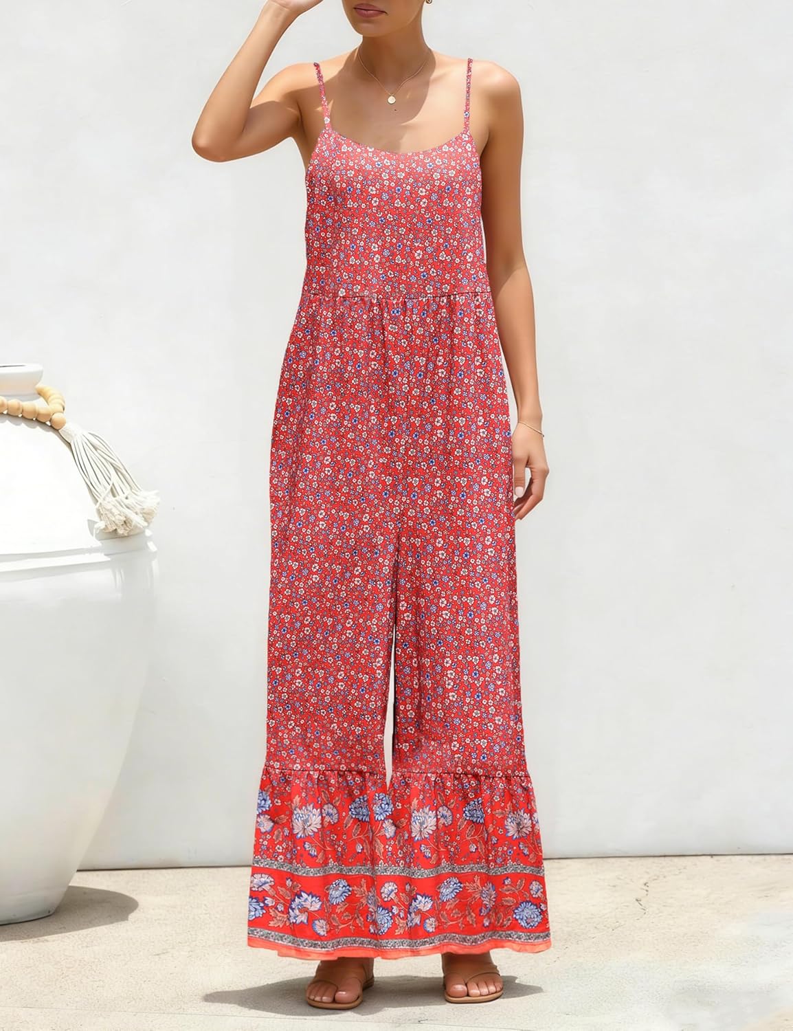 Himosyber Women's Summer Boho Jumpsuits Casual Wide Leg Bib Overalls Floral Print Rompers with Pockets - Image 7