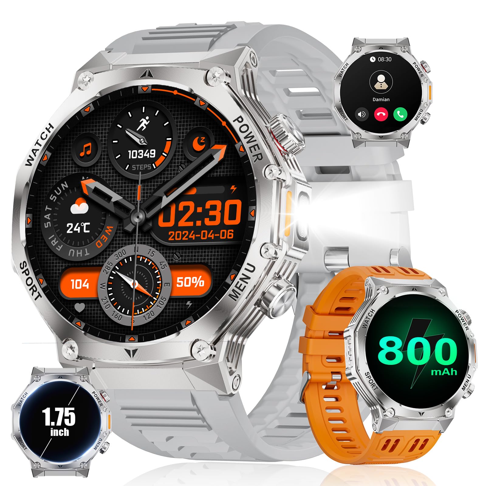 LIGE Smartwatch Uomo,1.75'' HD Orologio Smartwatch con Torcia LED/800mAh/Chiamata Bluetooth,114 modalità Sportive Cardiofrequenzimetro SpO2 e Sonno per Android iOS,EF15-F