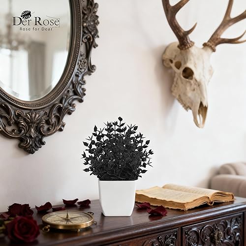 Miniatura 4 de Der Rose Paquete de 2 pequeñas plantas artificiales negras en maceta para decoración de Halloween, mesa, escritorio, hogar, oficina, decoración de