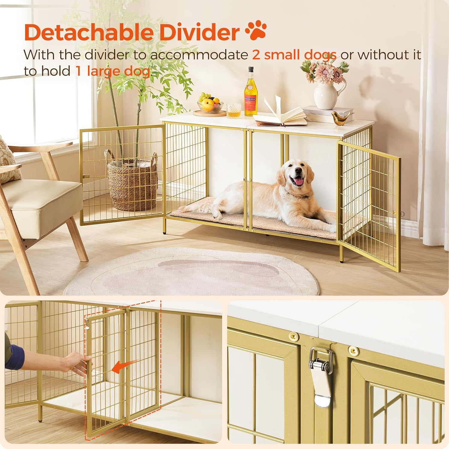 MAHANCRIS Dog Crate Furniture for 2 Dogs, 43.3" Dog Kennel with Removable Divider, Heavy Sturdy Dog Furniture Style Double Cage for Small Medium Dog, Indoor Pet House End Table, White and Gold