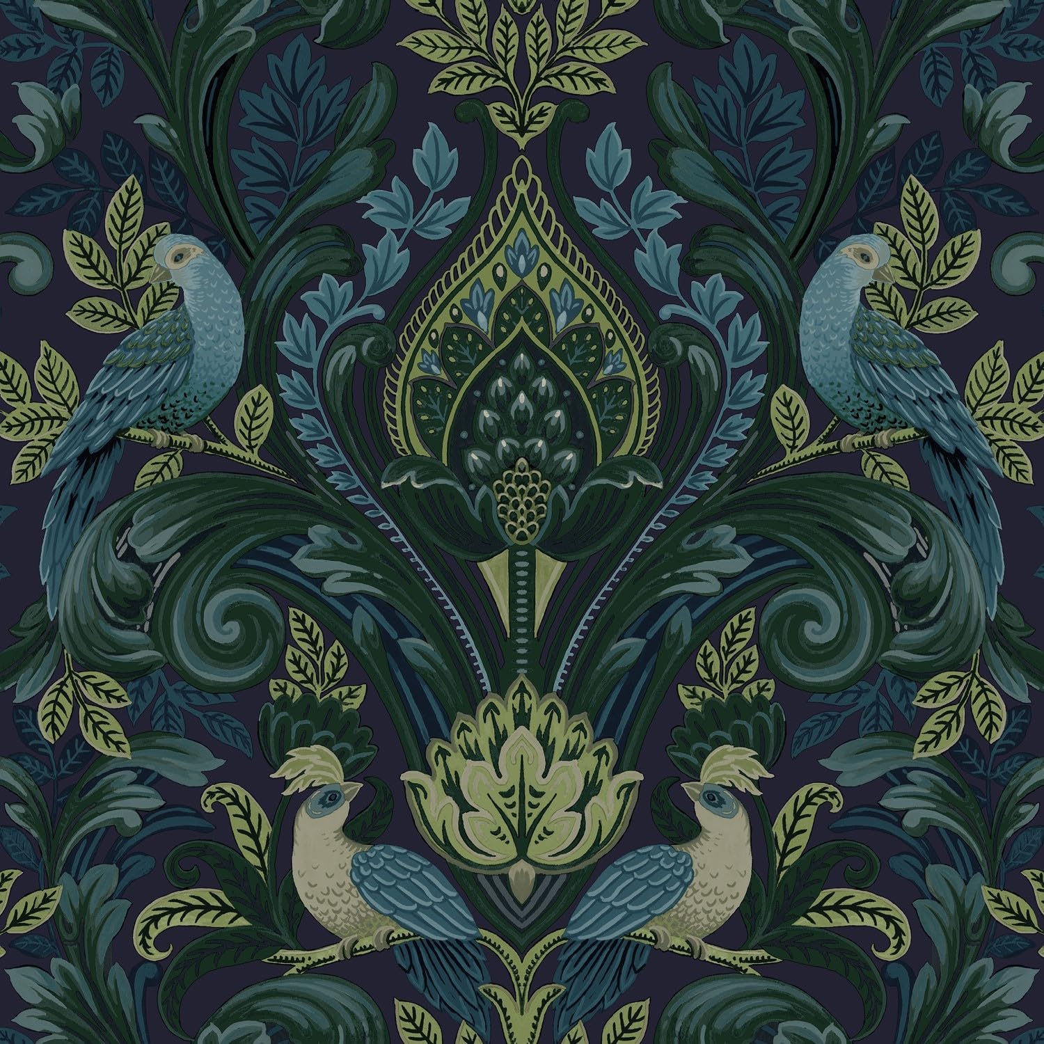 Grandeco Peacock and Leaf Scrolls Opulent Damask Textured Wallpaper