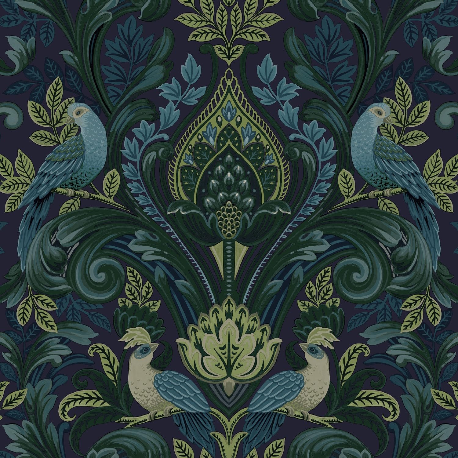 Grandeco Peacock and Leaf Scrolls Opulent Damask Textured Wallpaper, Green Blue