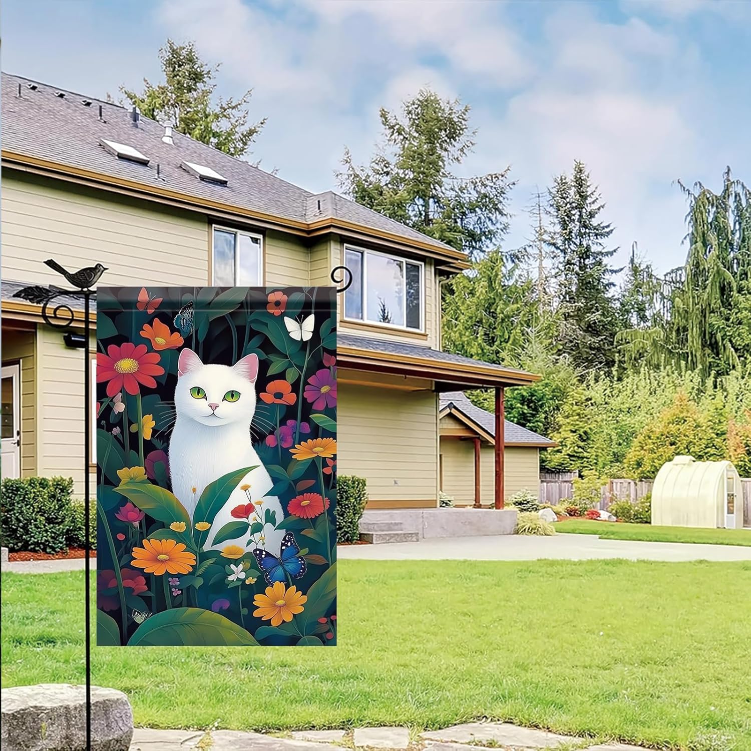 Spring Summer Garden Flag White Cat Flag 12x18 Inch Double-Sided Floral Butterfly Cute Kitty Yard Banner Outdoor Decor for Porch Lawn Pathway Cat Lover Gift - Image 6
