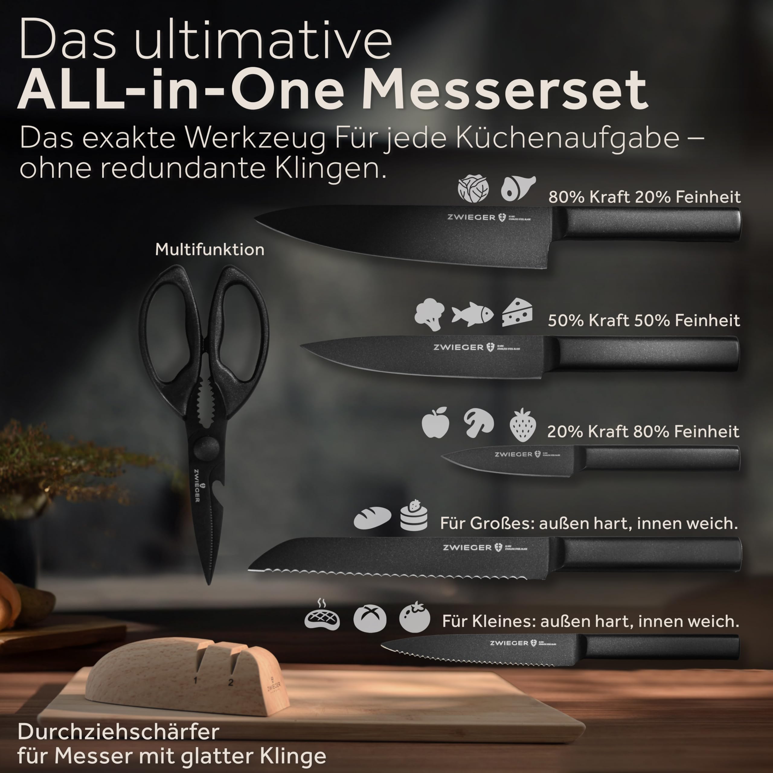 ZWIEGER Messerblock mit Messer 8-teiliges Set – Messerset aus Edelstahl 52 HRC – Küchenmesser Set mit Block im offenen Holz-Design inkl. Schärfer mit interner Rollentechnologie und Küchenschere