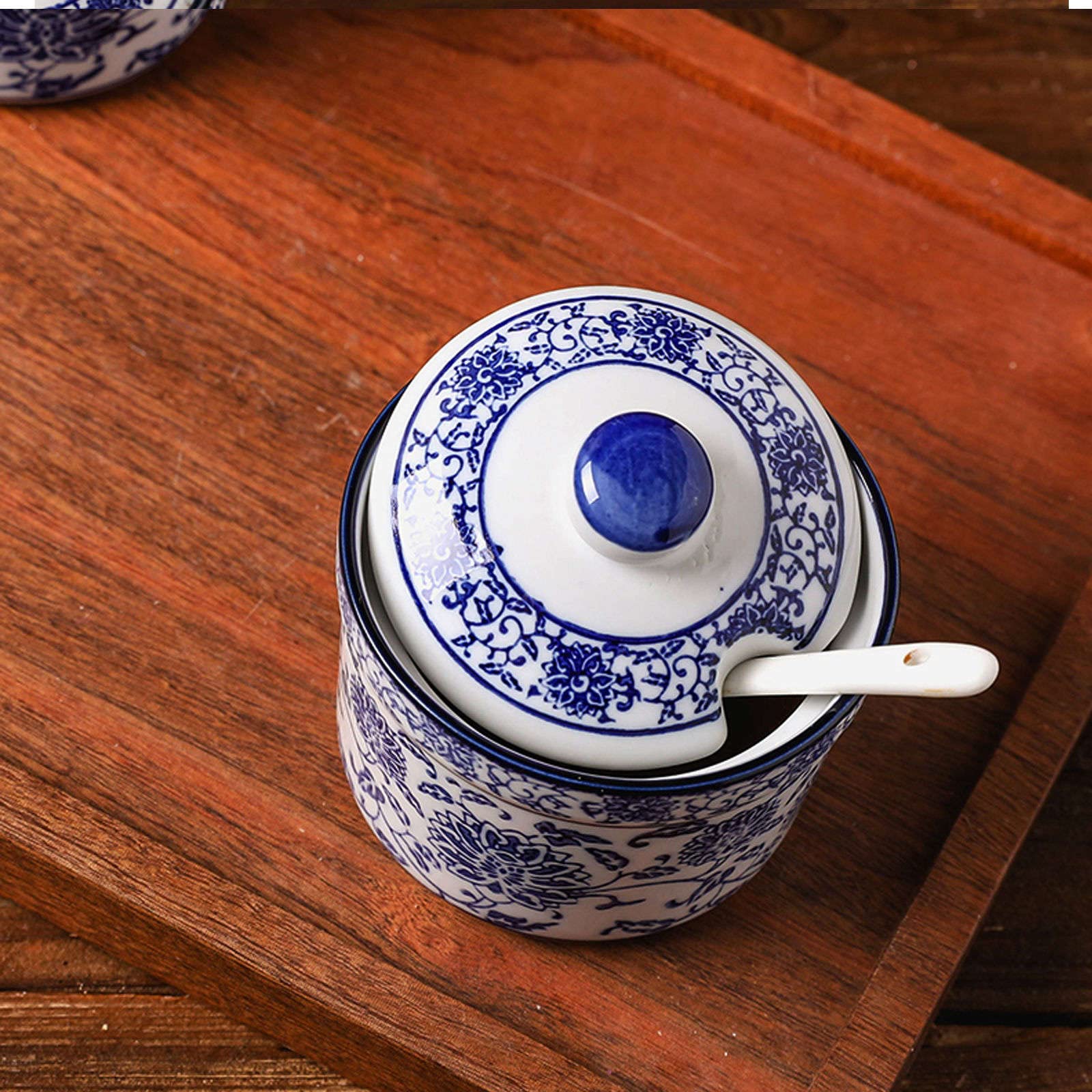 Vaso per la conservazione del sale in ceramica, Zuccheriera cinese in porcellana bianca e blu con coperchio, zuccheriera in porcellana con cucchiaio, piccola saliera, for bar, ristorante-blu e bianco-