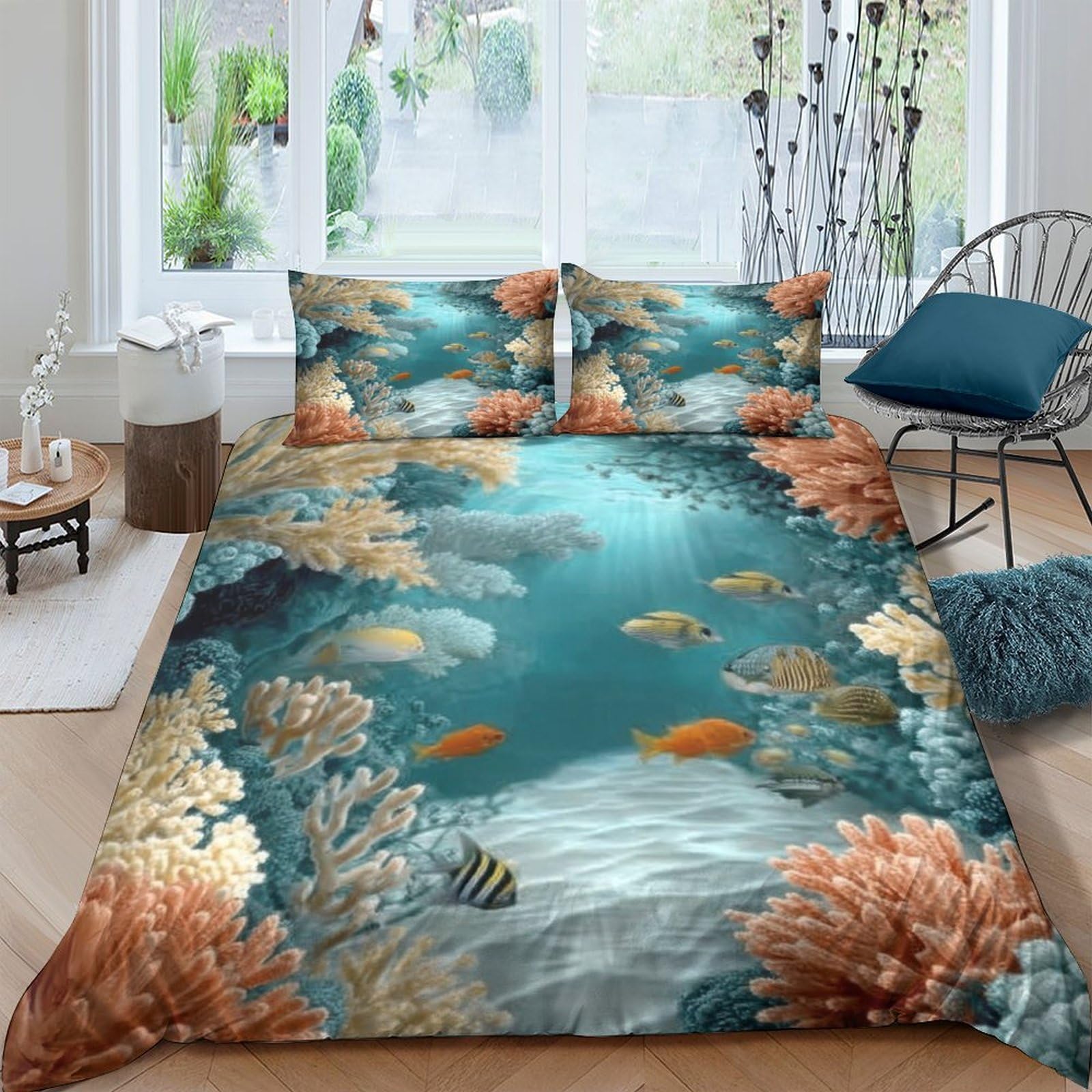 Ctjqhvkz Style-6 3D Printed Underwater Coral Fitted Sheet Microfiber Soft Mattress Cover Ocean Fish Pattern For Bedroom Dorm Decor Single（135X200cm）