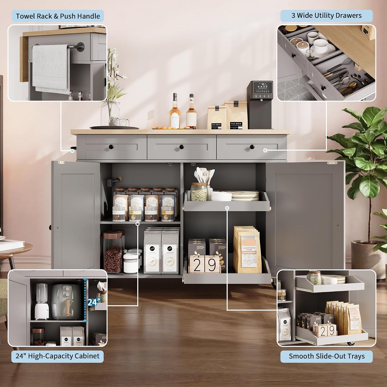 Taipitopito view of the kitchen island's storage features, including three utility drawers, a large cabinet with pull-out trays, and a side rack.