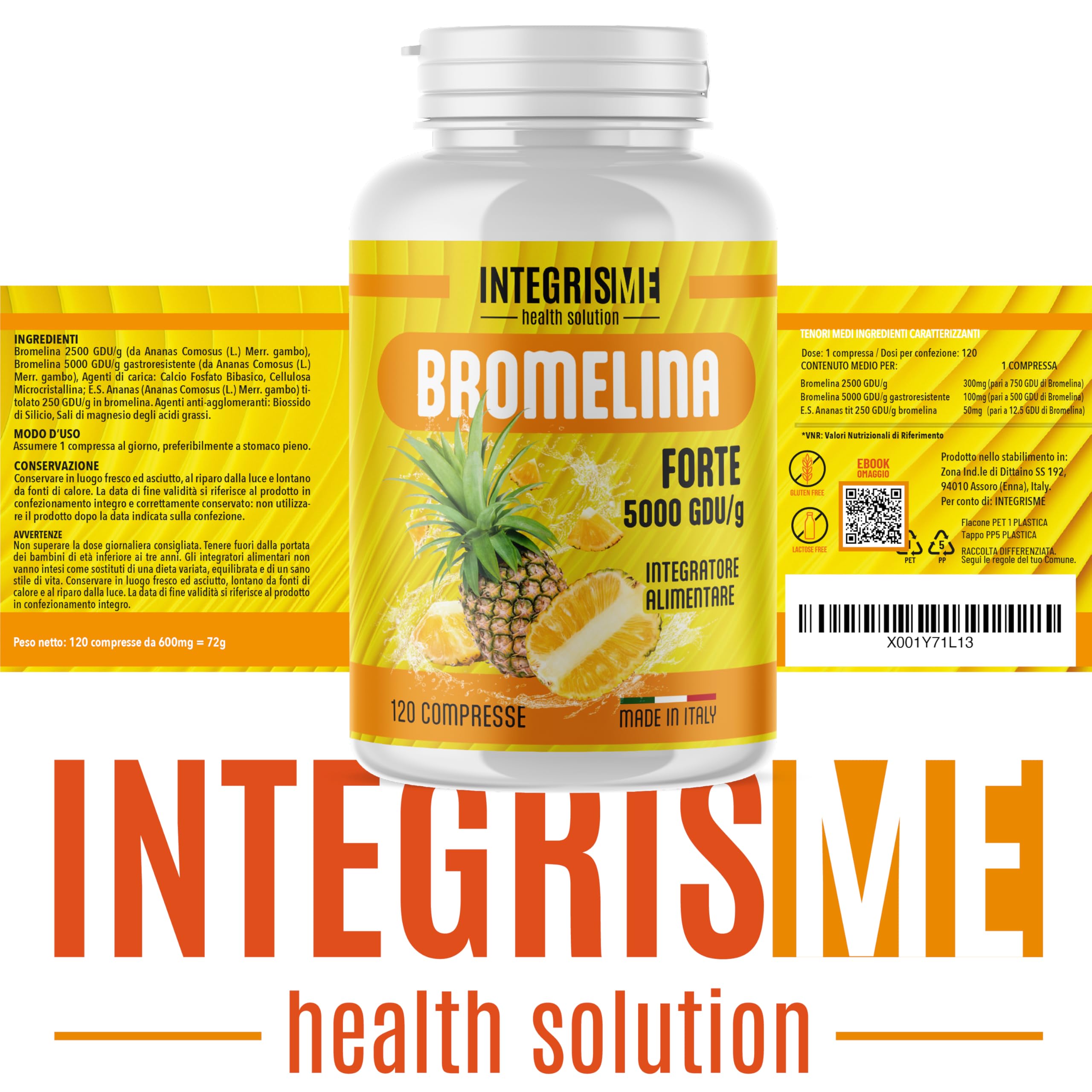Bromelina Purissima Extra Forte 5000 GDU/g Gastroprotetta, 120 compresse - INTEGRISME