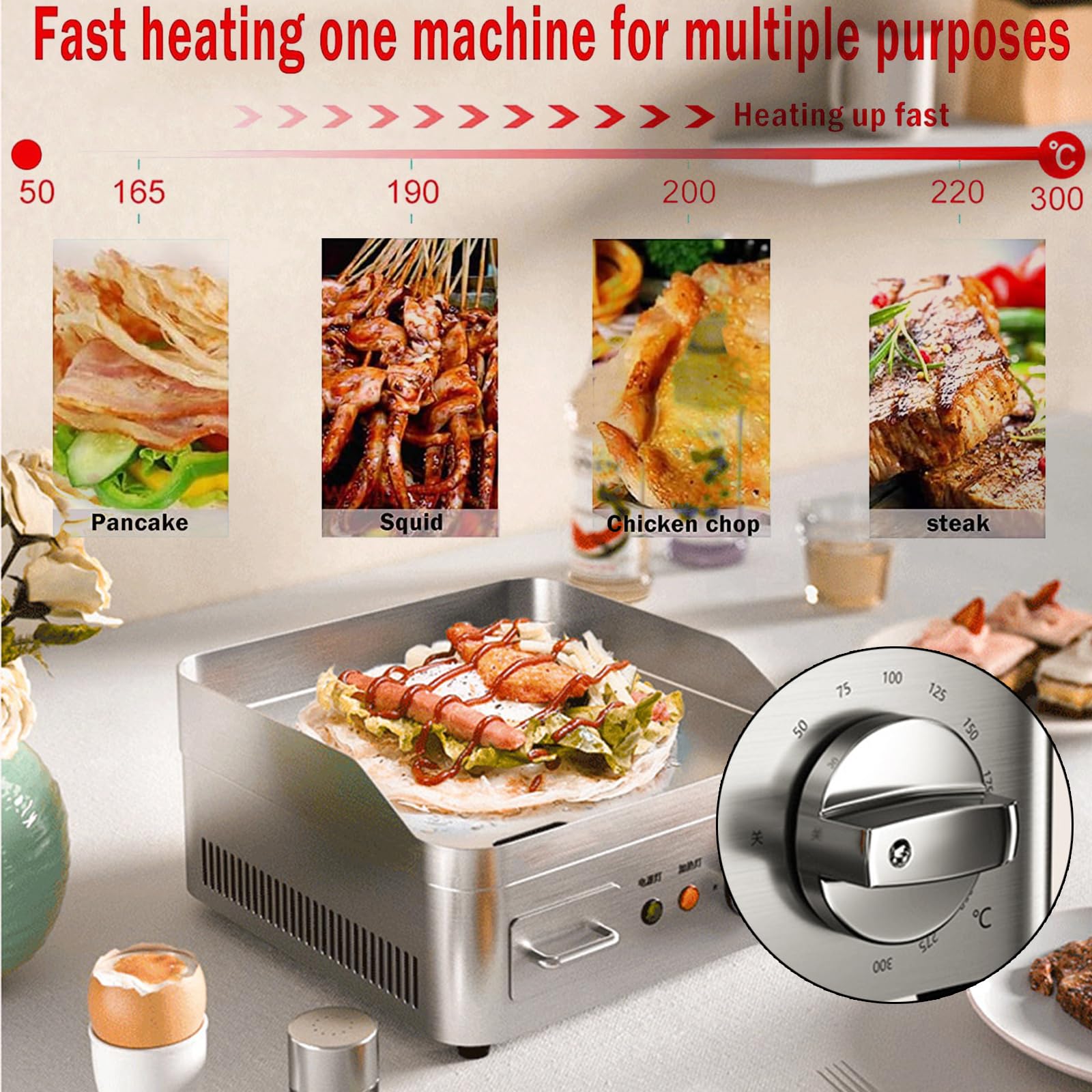 Piastra Elettrica Griglia 13,7", Griglia da Banco Elettrica Commerciale, Griglie Piane in Acciaio Inox Antiaderenti per Cucina Ristorante con Controllo della Temperatura Regolabile 2000W 220V