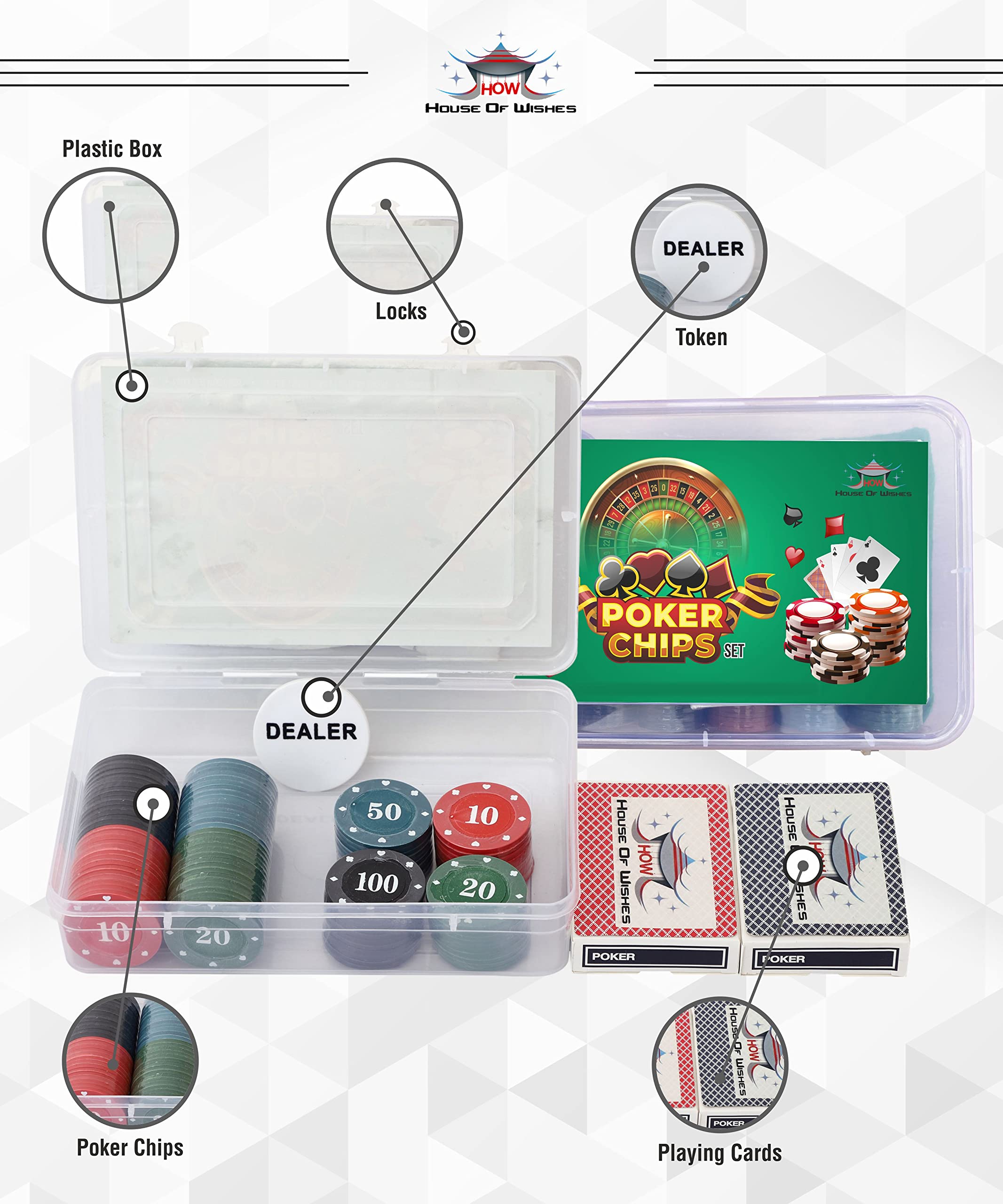 HOW (HOUSE OF WISHES) with Device Poker-Chips Casino Party Coins Game Set (300 Poker Chips Set) for Adult