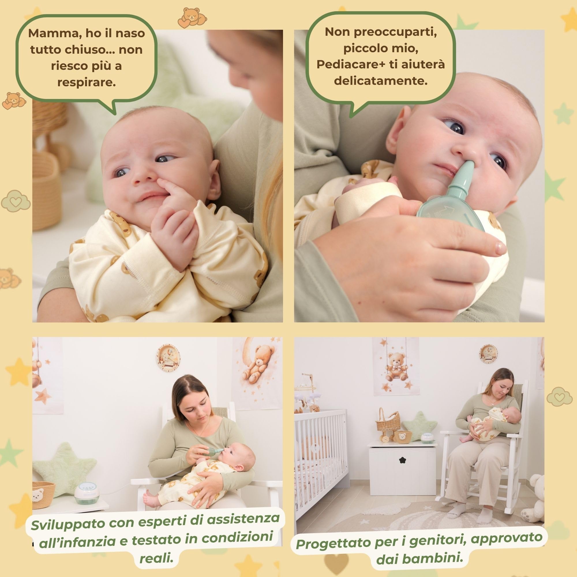 Pediacare+ Aspiratore Nasale Elettrico Neonato | 6 Livelli di Aspirazione, Display LCD, Musica Rilassante, LED Notturno, Ricaricabile, Igienico, Accessorio Utile per Neonati