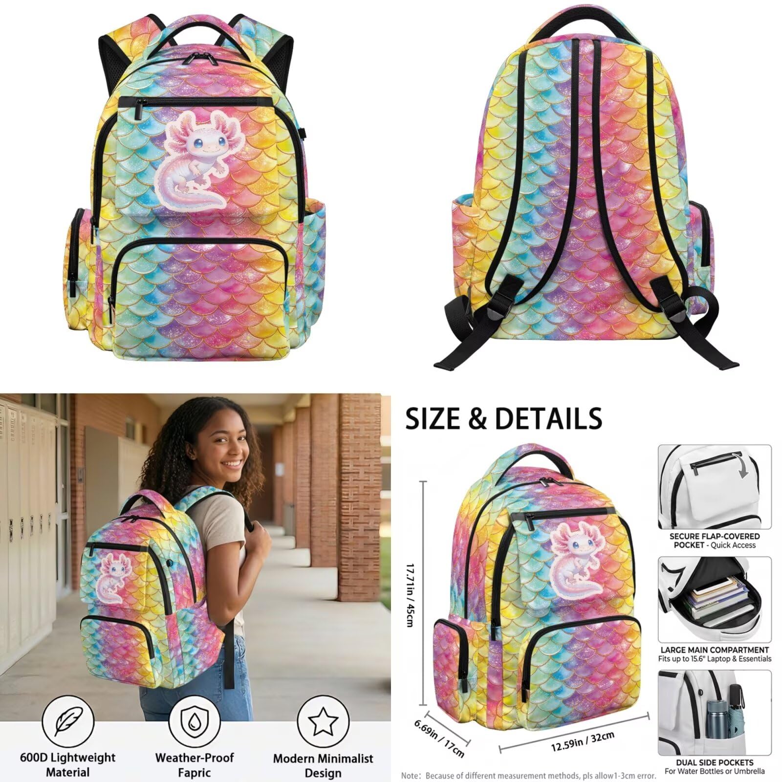 Howilath Grande zaino per la scuola per bambini, set da 4 con borsa termica per il pranzo, portapenne, custodia per bottiglia d'acqua, Mochila Para Niñas, Axolotl - Scala di sirena arcobaleno, L