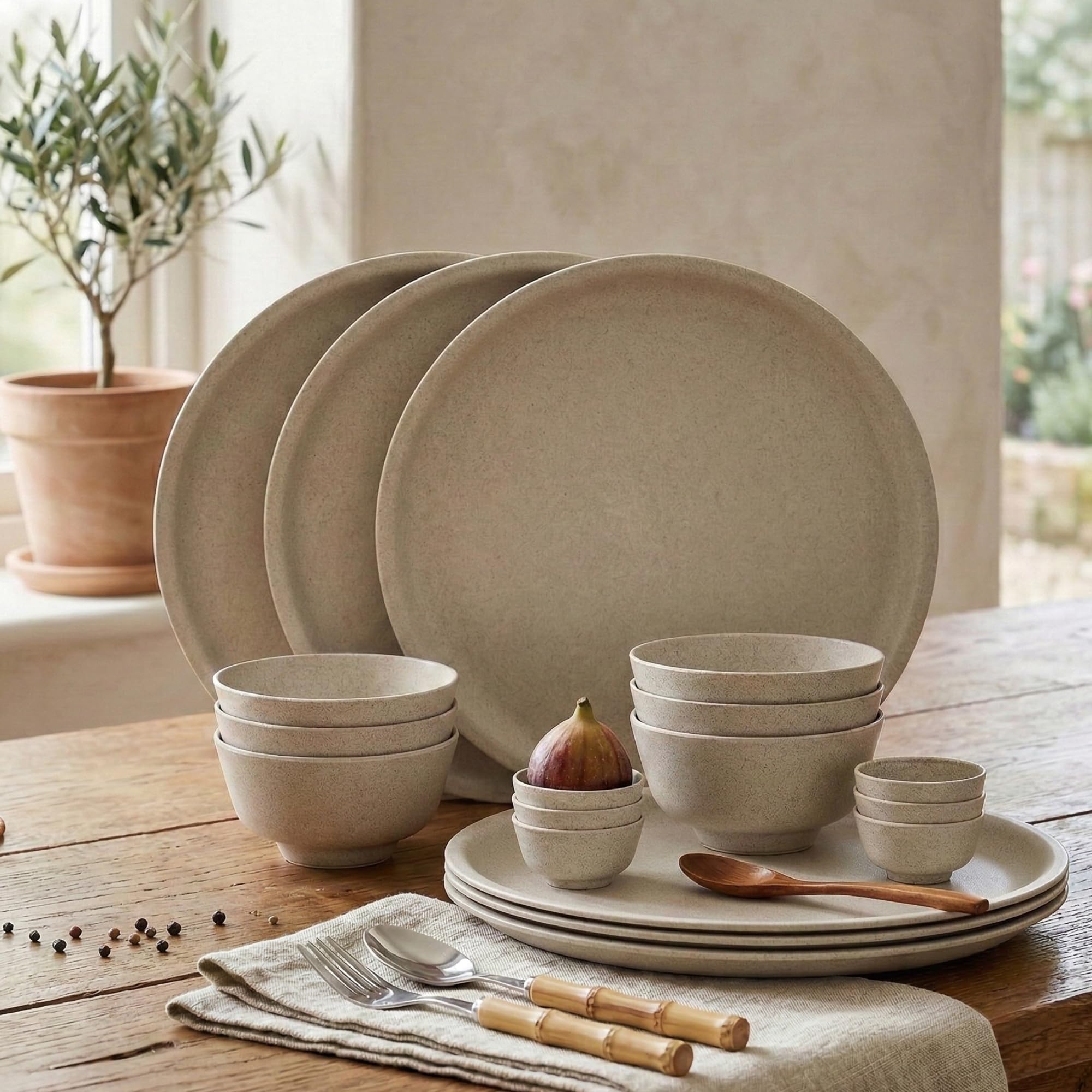 Happy Cove Husk Eco Friendly 10 inch Solid Dinner Plates | Rice Husk and Bamboo Fibre | Set of 6 with 6 Bowls (200ml) and 6 Sauce Bowls - Durable, Microwave Safe, Natural Beige-image-7