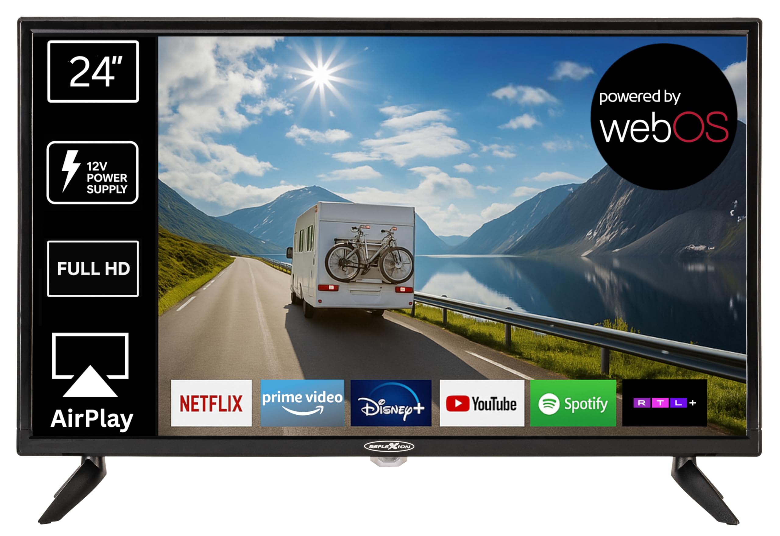 REFLEXION LED24IBT Smart LED Fernseher, LG webOSHub, 60 cm / 24 Zoll, Wohnwagen/Wohnmobil/Camping/Caravan/Boot/LKW TV, 12/230 Volt, Full HD, Triple Tuner, DVB-T2HD, DVB-S2, DVB-C, Bluetooth, WLAN