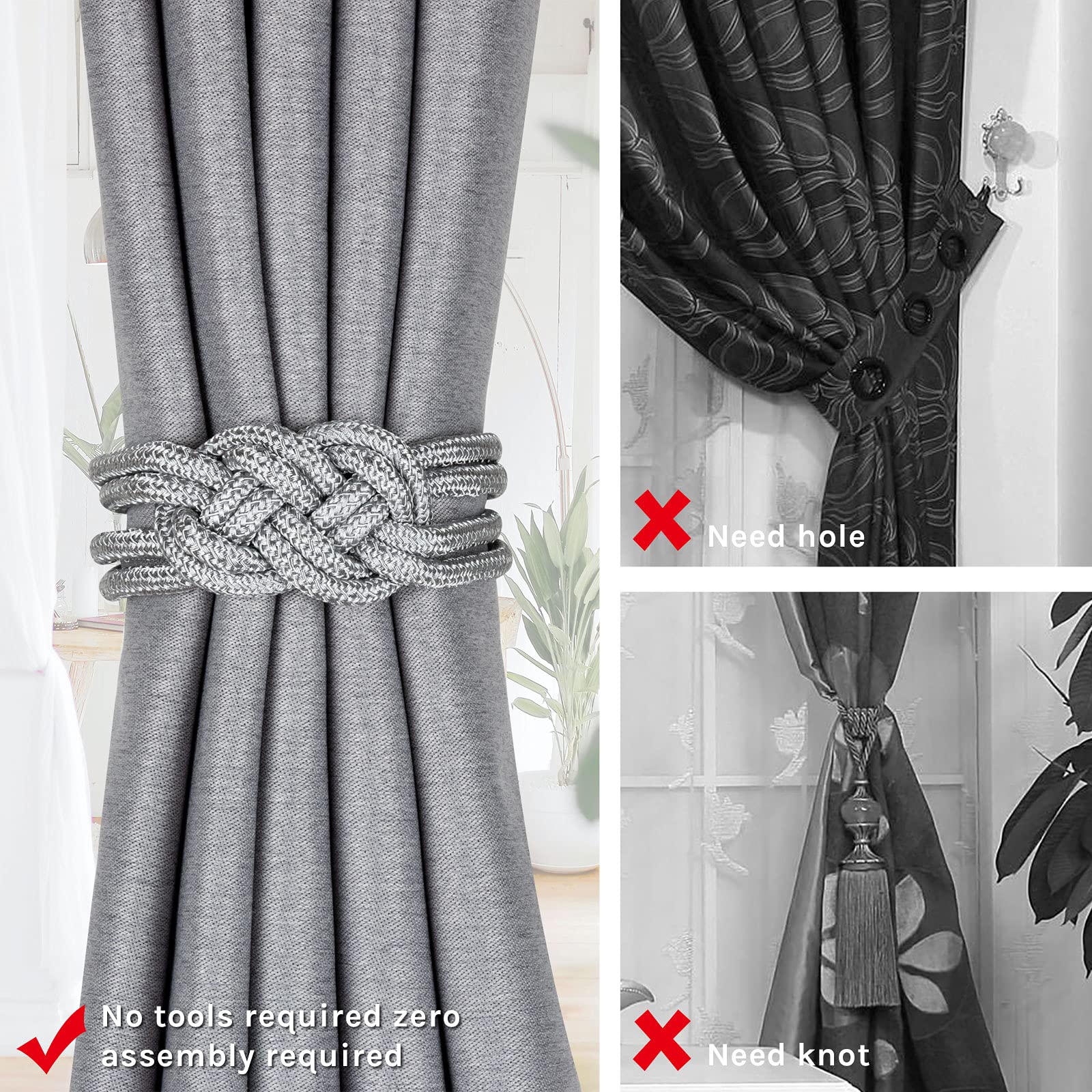 Lot De 4 Embrasses De Rideaux Magnétiques En Bois Et Corde - Longueur 45 Cm, Gris - Installation Sans Perçage, Décoration Bohème - Pour Salon, Chambre, Bureau