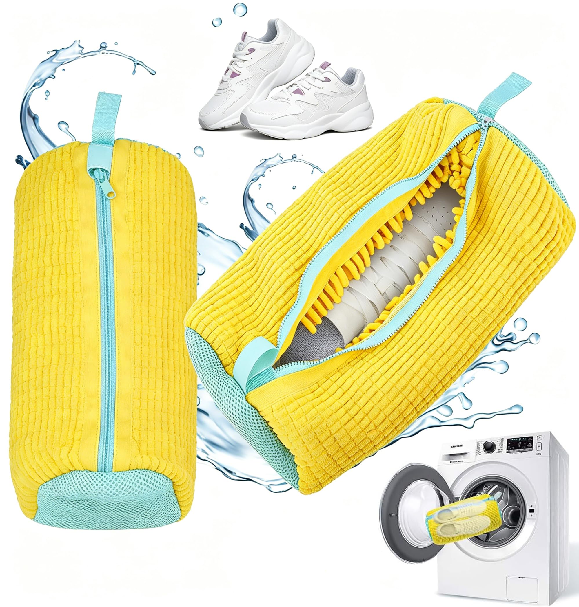 Worek do prania butów, 2 sztuki, wielokrotnego użytku, zamek błyskawiczny, pluszowe worki do prania, do pralki, siatka do prania wszystkich rodzajów butów typu sneaker (żółta)