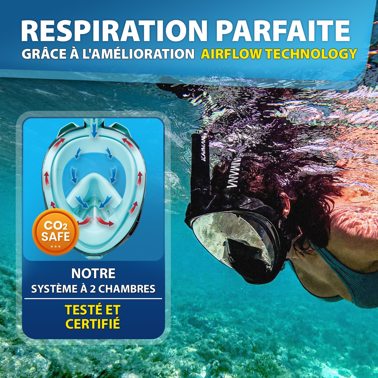 KAIMANA® Masque Plongée Adultes et Enfantes | Snorkeling Intégral Anti-Buée CO2 Safe | Tuba Adulte | Sac de Transport Inclus