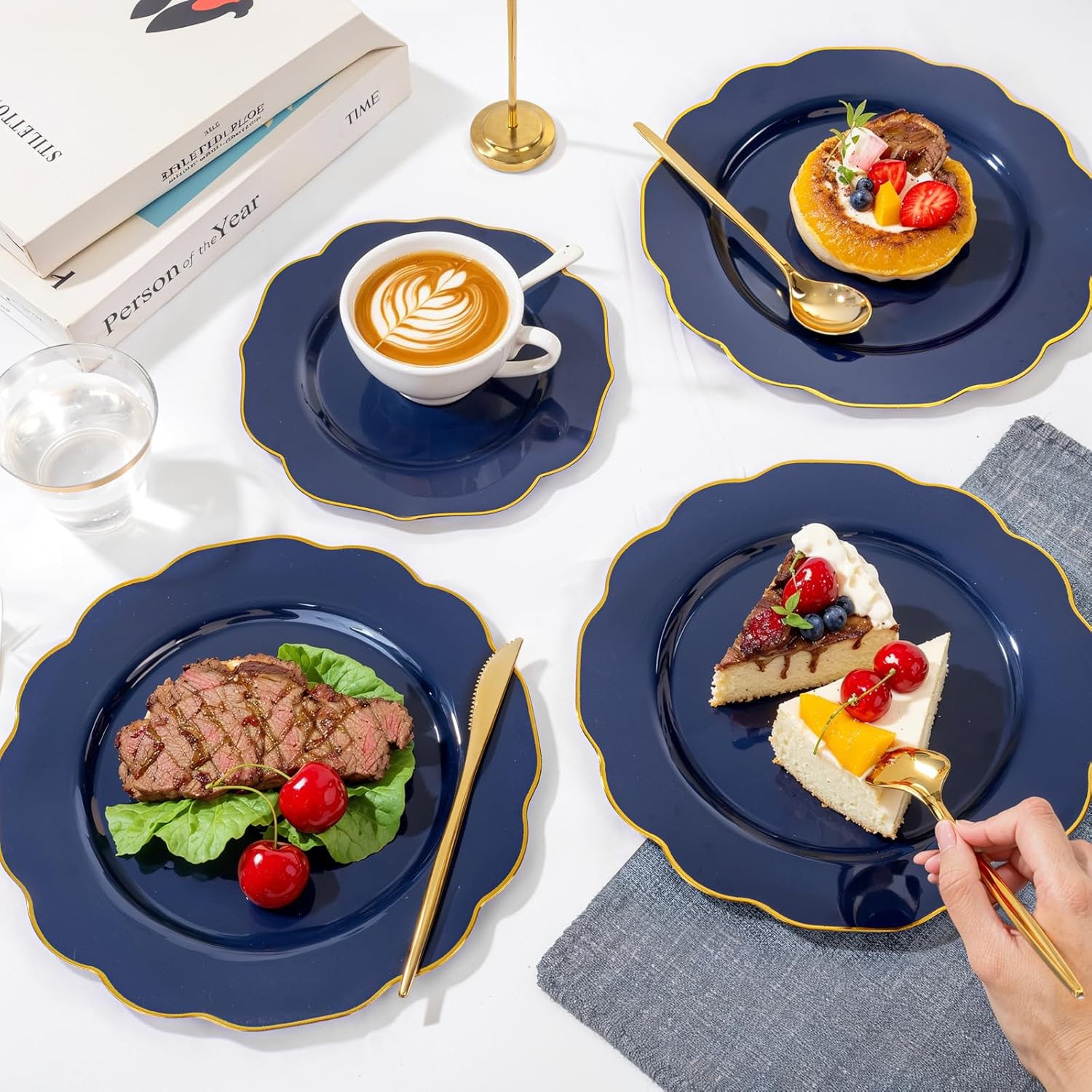 bUCLA 180PCS Blue Plastic Plates - Navy Blue and Gold Rim Disposable Include 30 Each (Dinner & Dessert) Plates, 30 Knives, 30 Forks, 30 Spoons and 30 Cups, Ideal for Party, Gathering and Hanukkah - Image 5