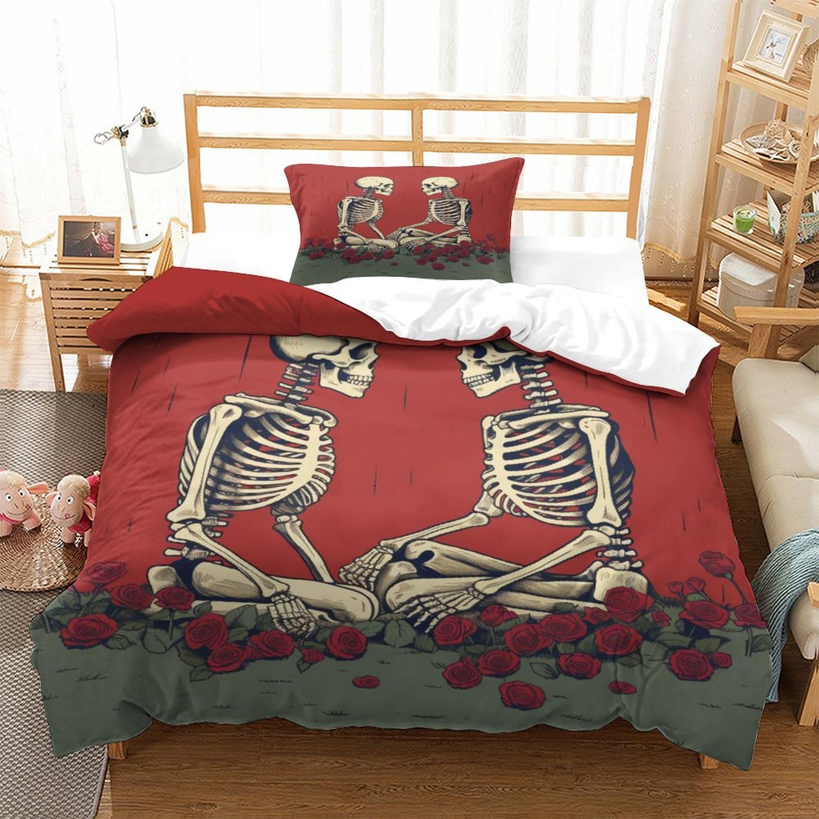 P1S9U7W5Y 3D Printed Gothic Skeleton 3pcs Microfiber Couples Duvet Cover Set Rose Bedding Set Single