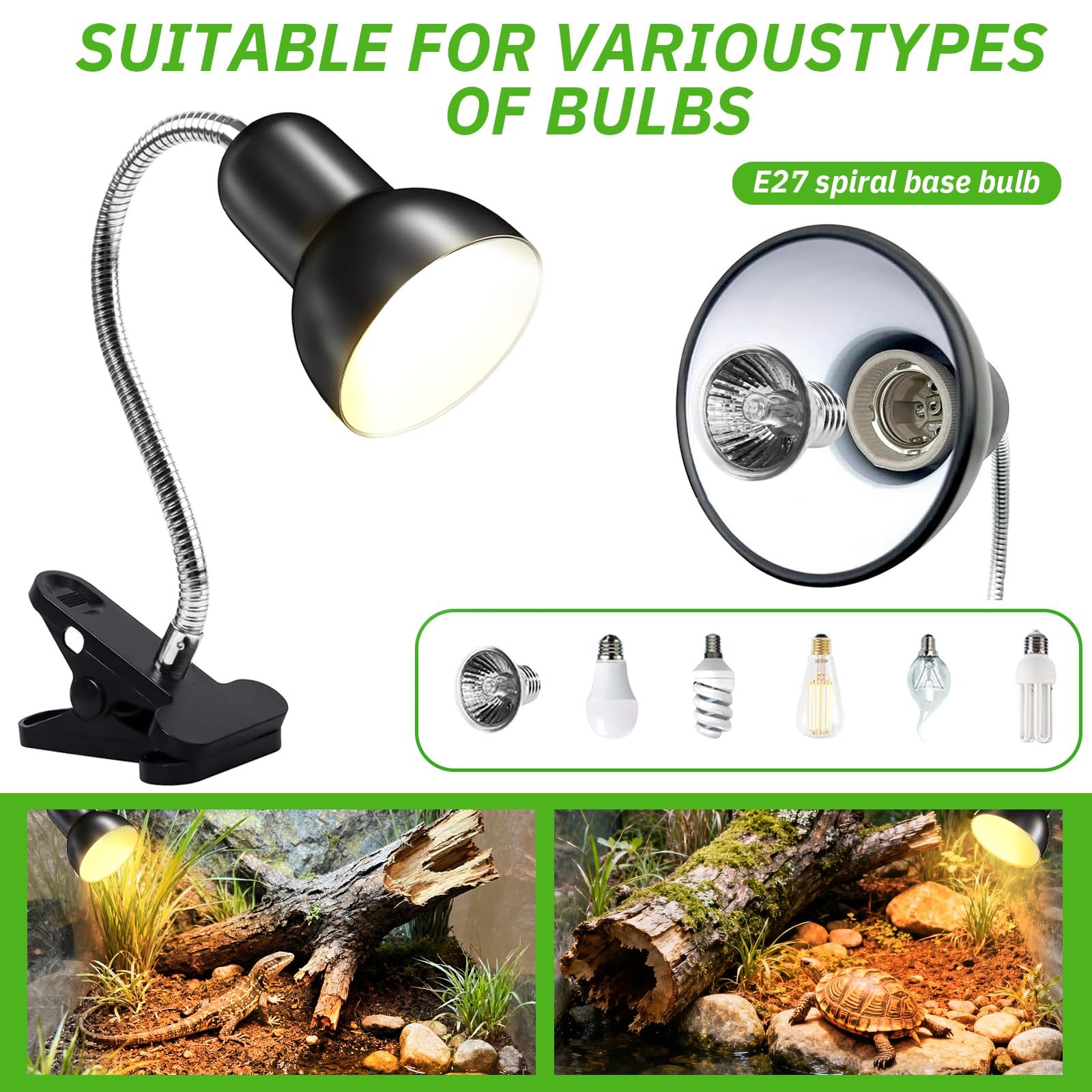 Lampe Chauffante Tortue avec 3 Ampoules UVA UVB 25W 50W, Lampe Chauffante pour Reptiles avec Pince Pivotante à 360 ° adapté pour Tortue, Serpent, Lézard, Cacatoès, Caméléon