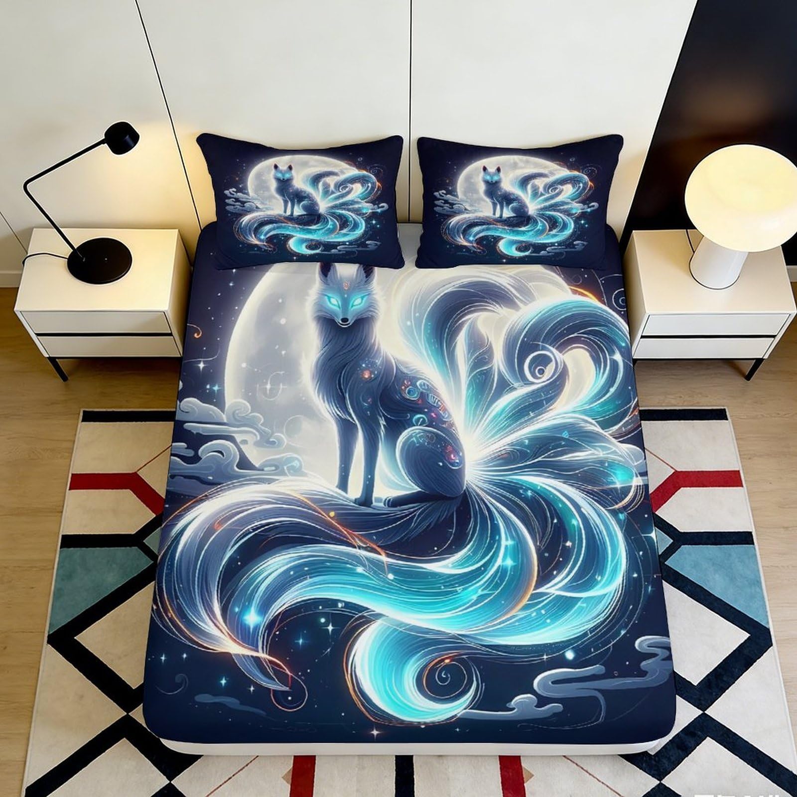 3D Printed Fantasy Fox Fitted Sheet Microfiber Deep Pocket Bedroom Bedding Fox Mattress Fitted Cover Elastic Non-Slip Full Wrap for Adults Teens 180x200x25cm