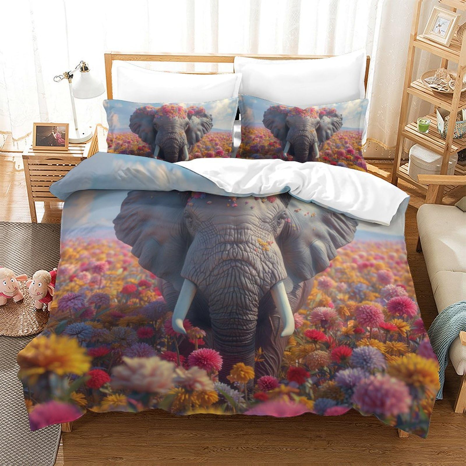 Housse de couette éléphant 3D en microfibre 260x220 cm avec taies d'oreiller pour lit Super King