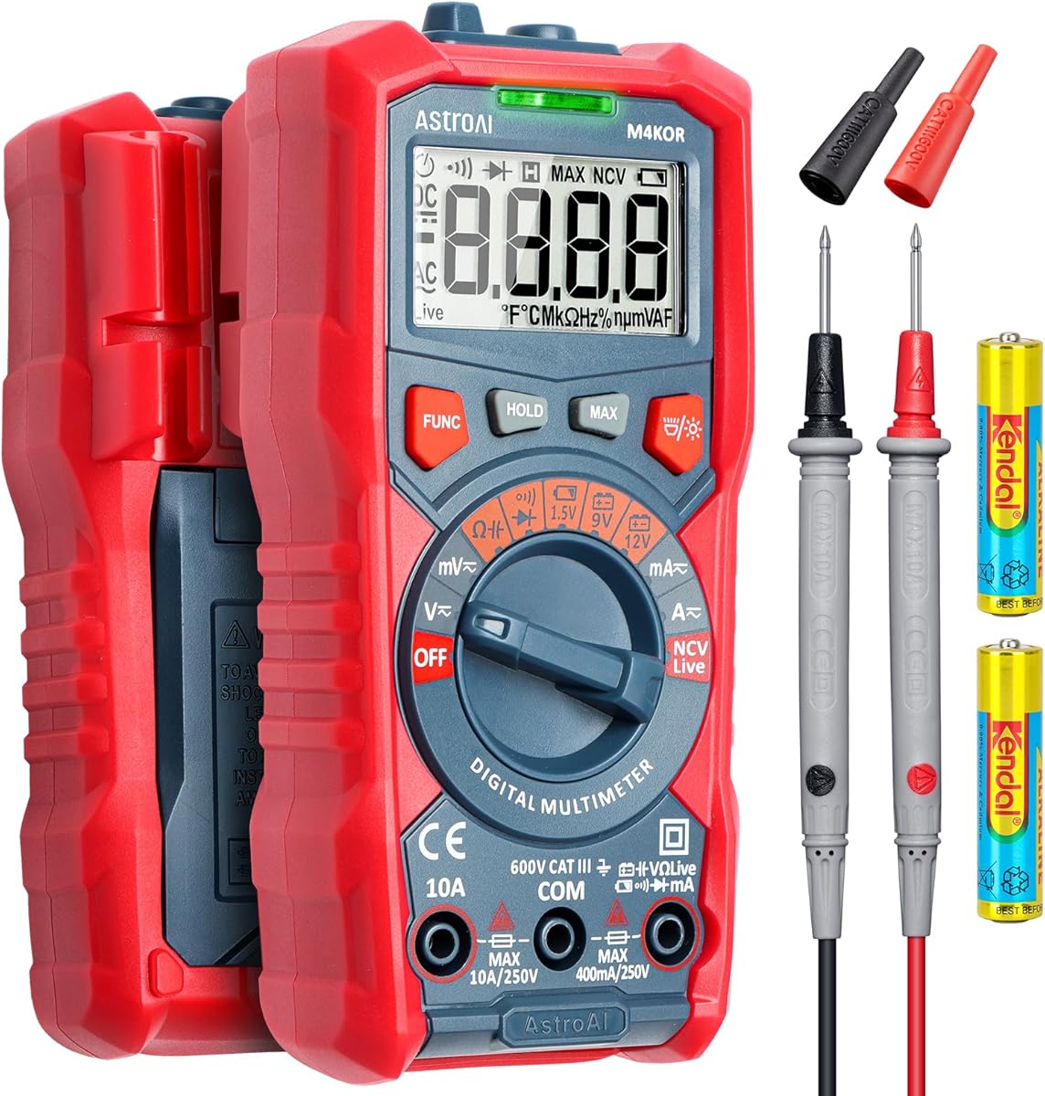 AstroAI Digital Multimeter, Voltmeter Ohmmeter Auto Range 4000 Counts TRMS Strommessgerät mit NCV und LCD-Anzeige und Hintergrundlicht, Rot