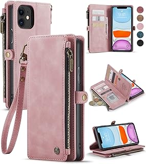 Defencase for iPhone 11 Case, iPhone 11 Wallet Case for Women Men, Durable PU Leather Magnetic Flip Lanyard Strap Wristlet Zipper Card Holder Wallet Phone Cases for iPhone 11 6.1-inch, Rose Pink