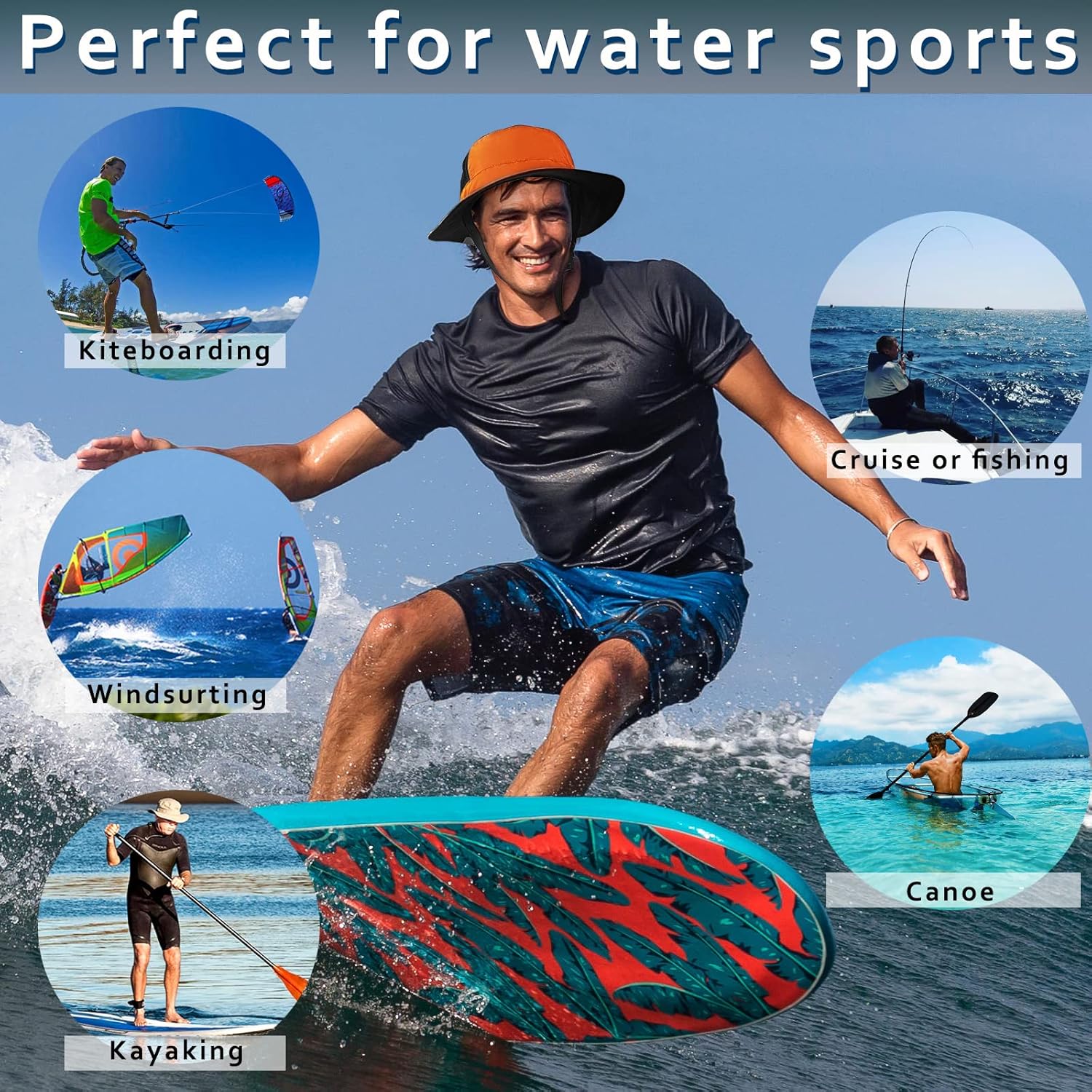 Seektop Surf Bucket Hat with UPF 50+ UV Protection, Waterproof Sun Hat with Adjustable Chin Strap for Surfing, Water Sports - Image 7