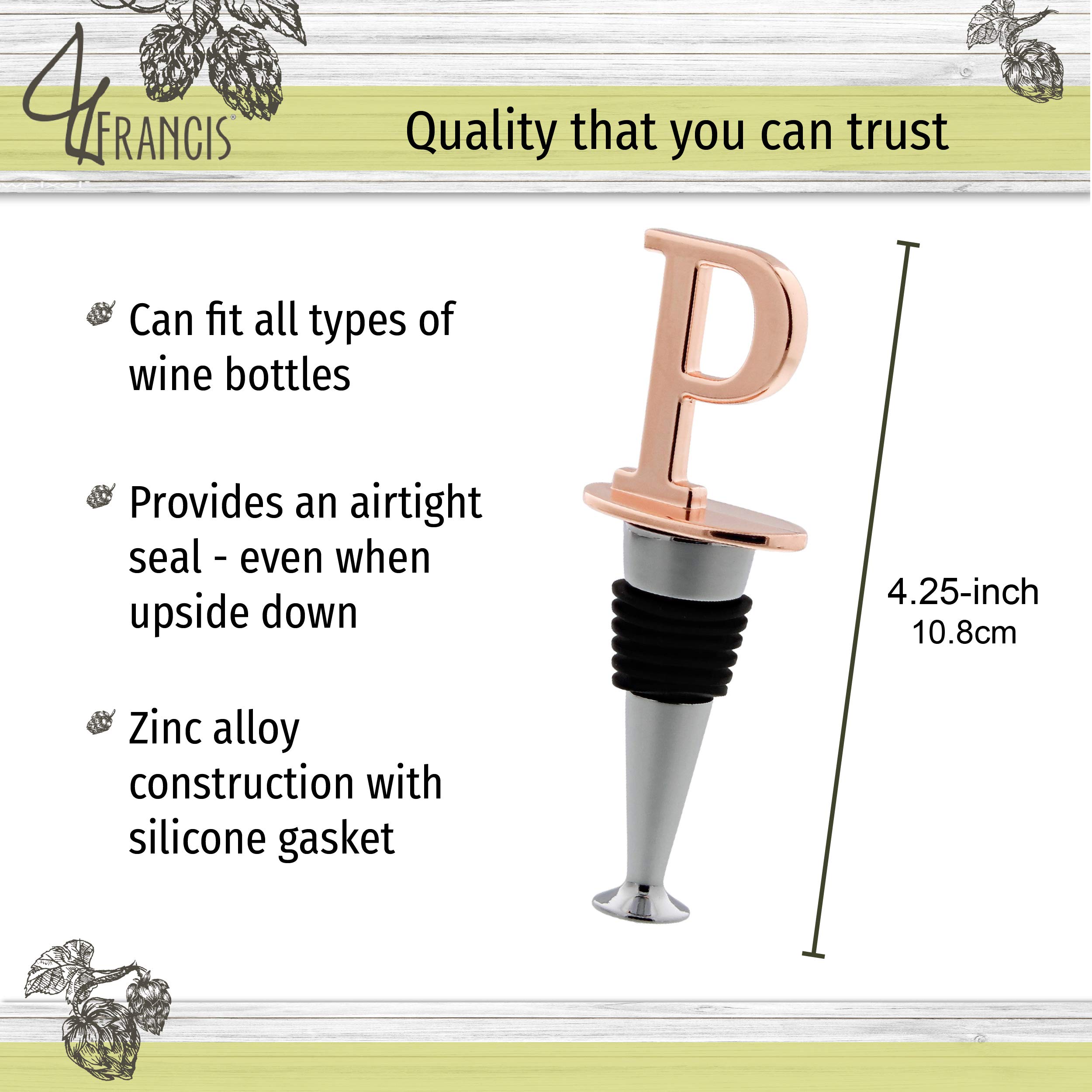 Tapón de vino para botella de vino con letra monogramada "P" en oro rosa, tapón sellador reutilizable de corcho de vino, 1 paquete
