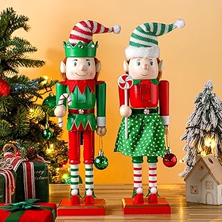 RattanView 2 Pcs Wooden Red Green Nutcracker 14 Inch Wood Elf Candy Cane Nutcracker Decorations Elf Figures Decoration for Table Fireplace Mantel Decor