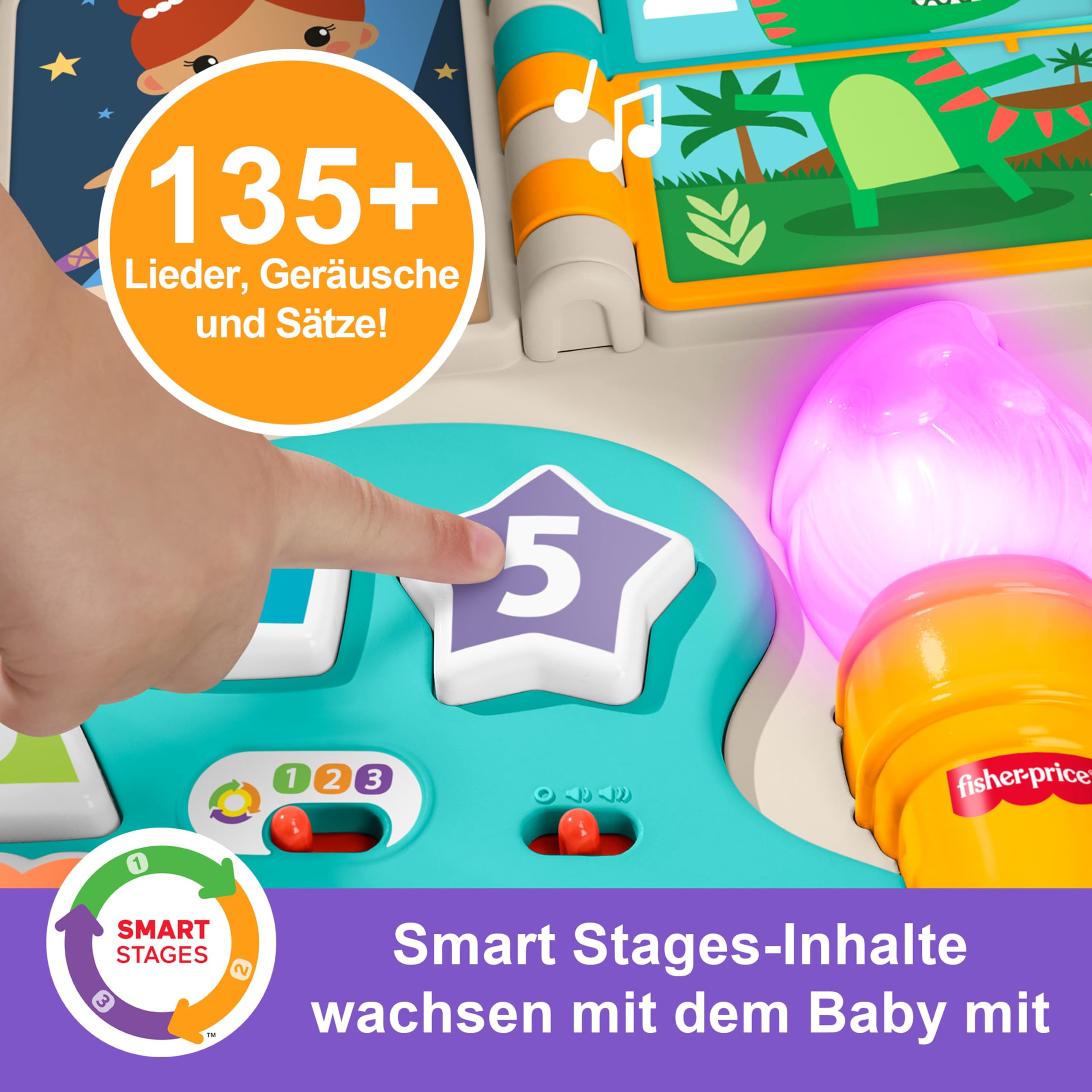 Fisher-Price Lernspaß-Spielzeug für Babys und Kleinkinder, entwicklungsfördernder 4-in-1 Spieltisch und Staffelei mit Musik ab 6 Monaten, mehrsprachige Version, JGW87